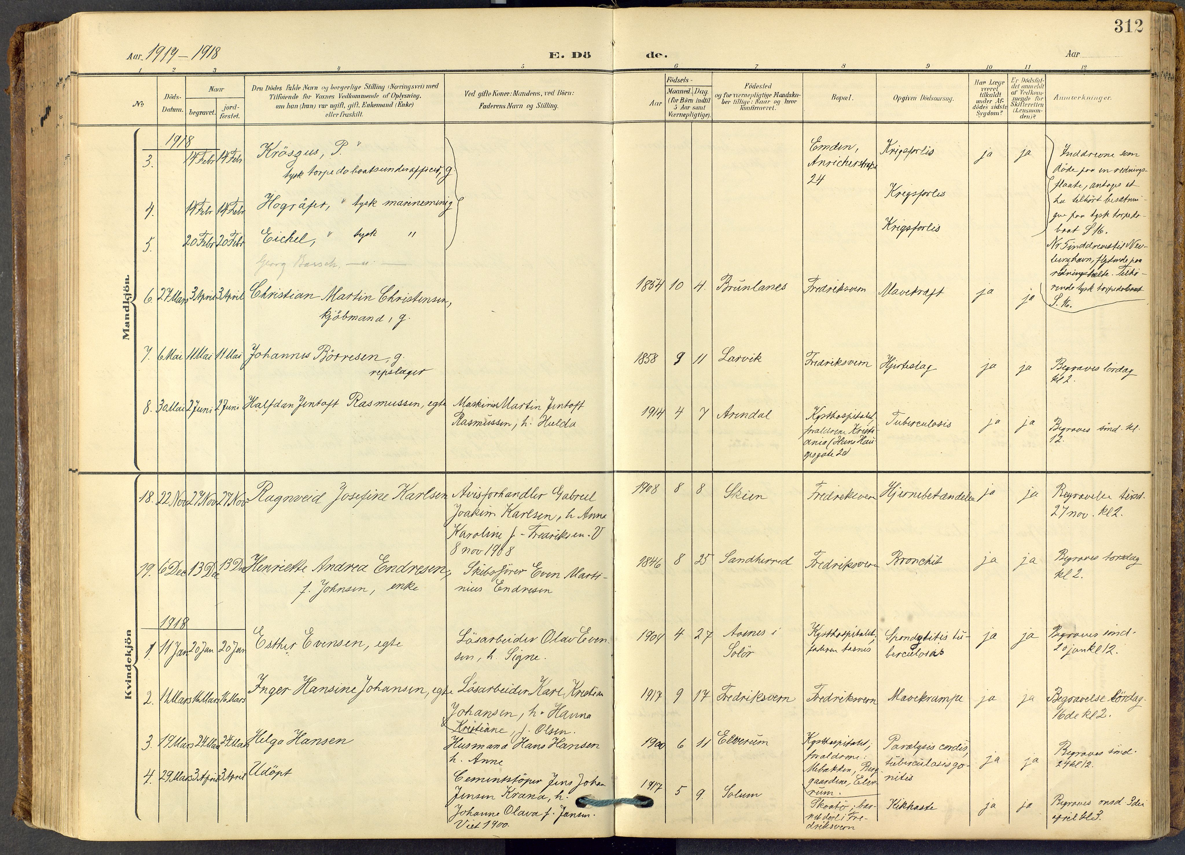 Stavern kirkebøker, SAKO/A-318/F/Fa/L0009: Parish register (official) no. 9, 1906-1955, p. 312