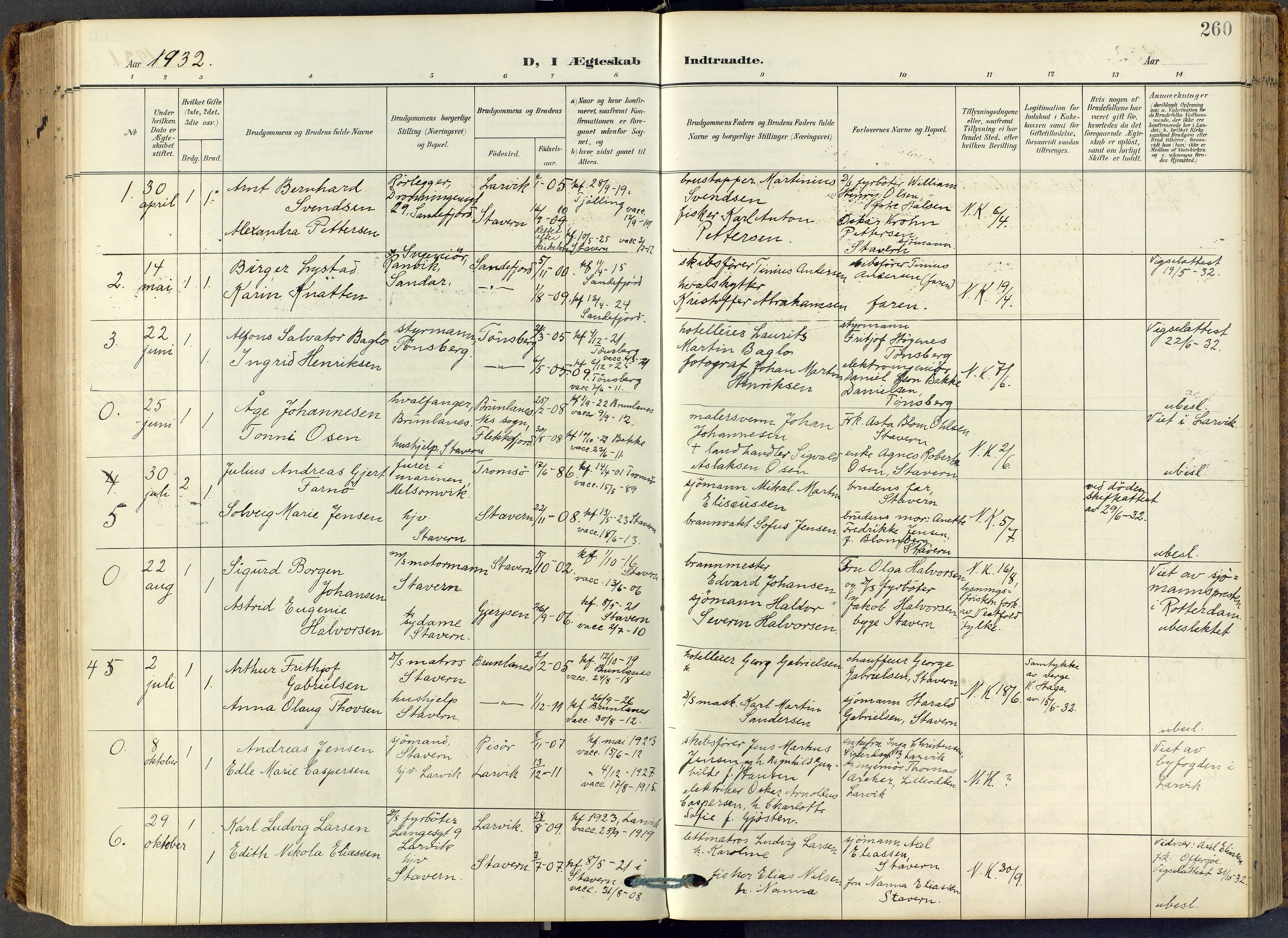 Stavern kirkebøker, SAKO/A-318/F/Fa/L0009: Parish register (official) no. 9, 1906-1955, p. 260