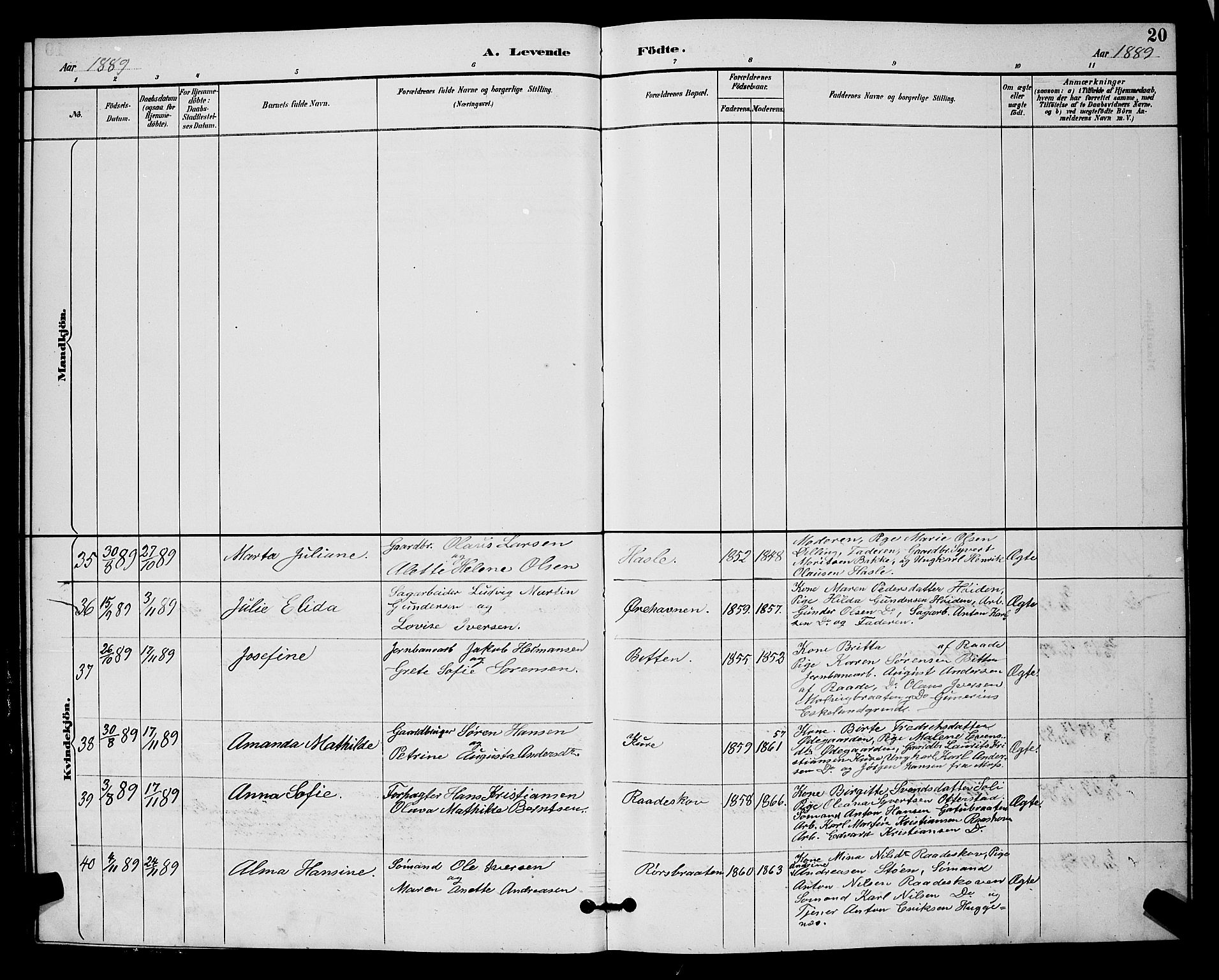 Rygge prestekontor Kirkebøker, AV/SAO-A-10084b/G/Ga/L0002: Parish register (copy) no. 2, 1887-1905, p. 20