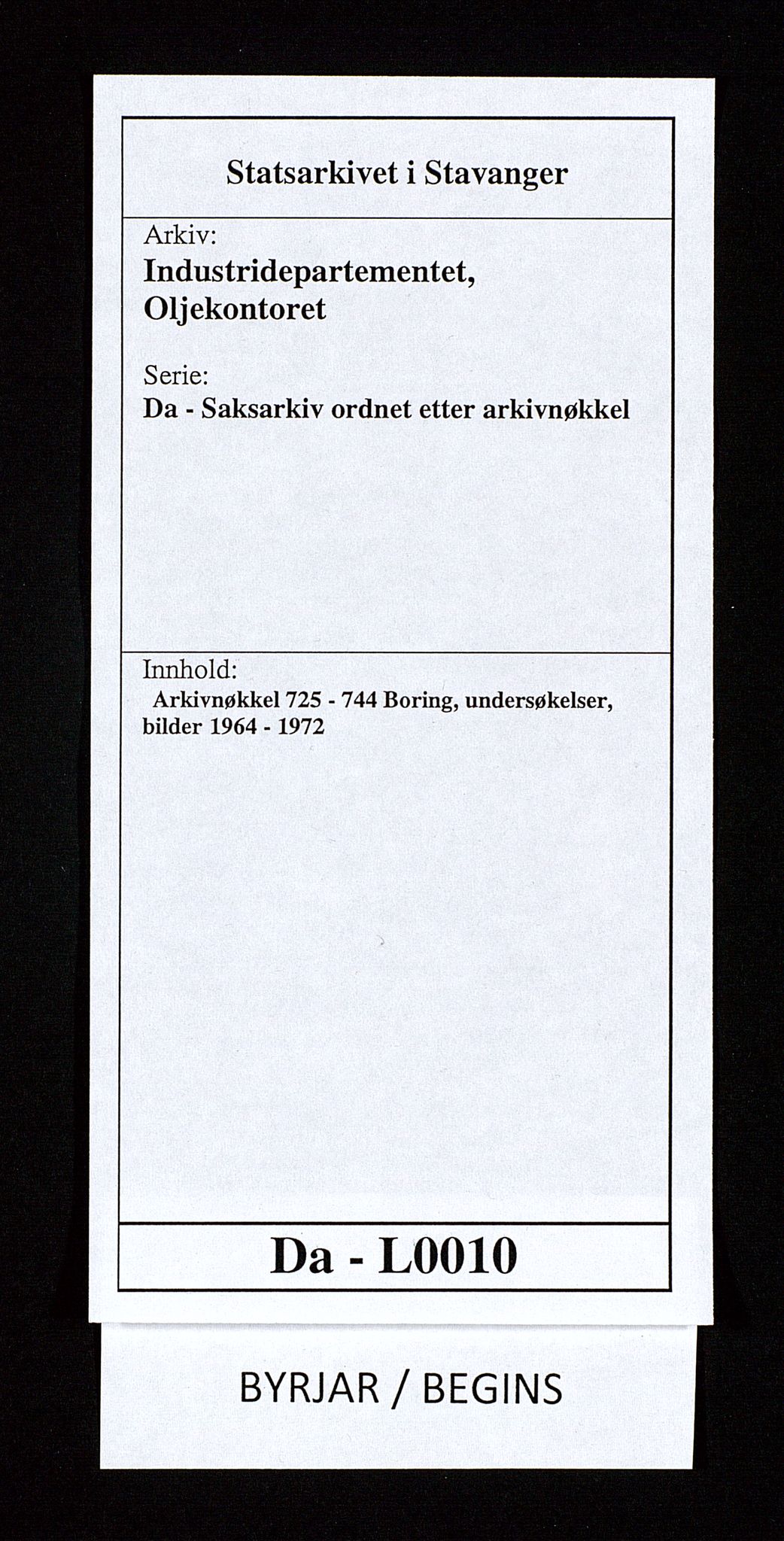 Industridepartementet, Oljekontoret, SAST/A-101348/Da/L0010:  Arkivnøkkel 725 - 744 Boring, undersøkelser, bilder, 1964-1972, p. 1