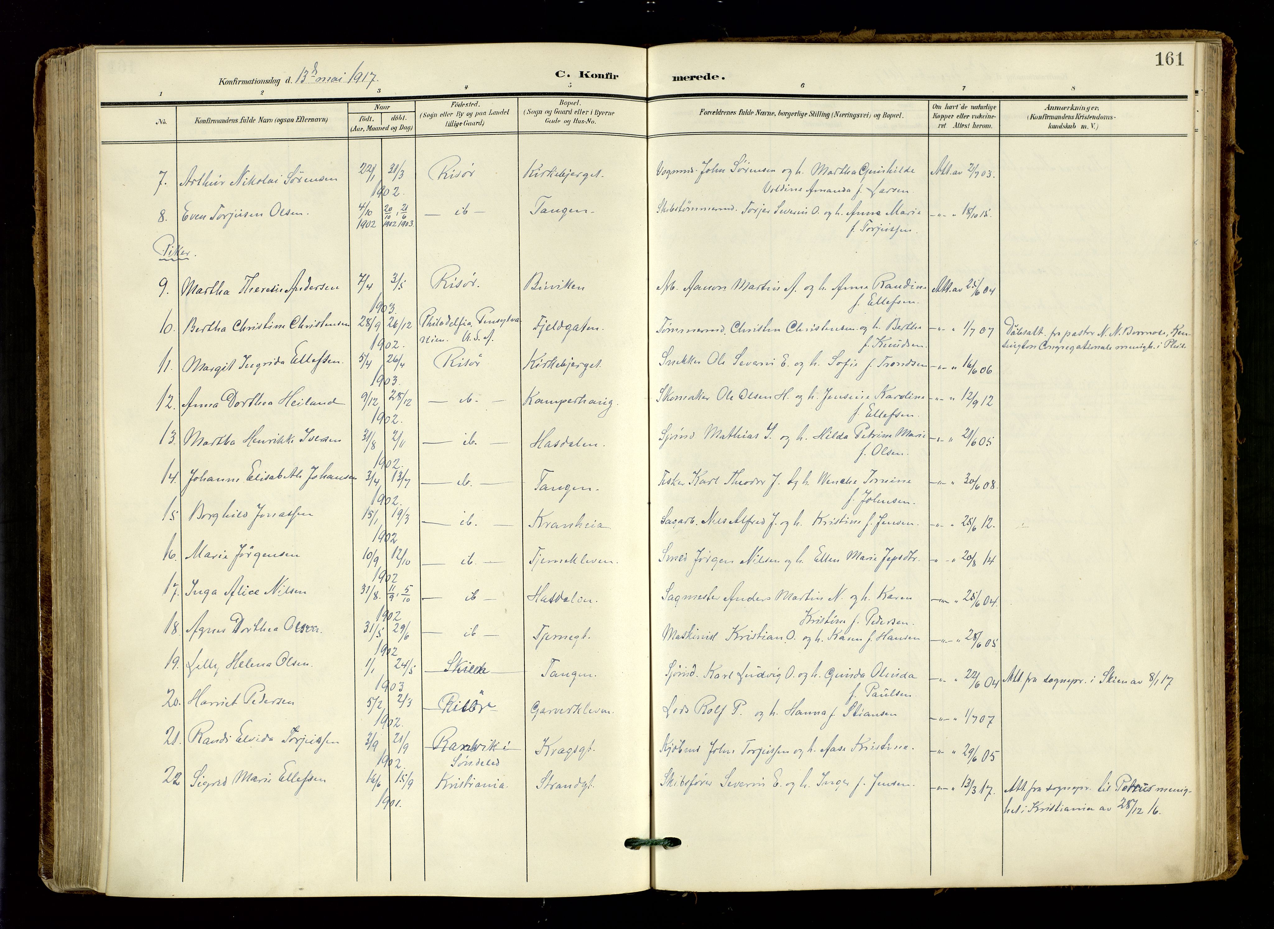 Risør sokneprestkontor, AV/SAK-1111-0035/F/Fa/L0011: Parish register (official) no. A 11, 1907-1920, p. 161