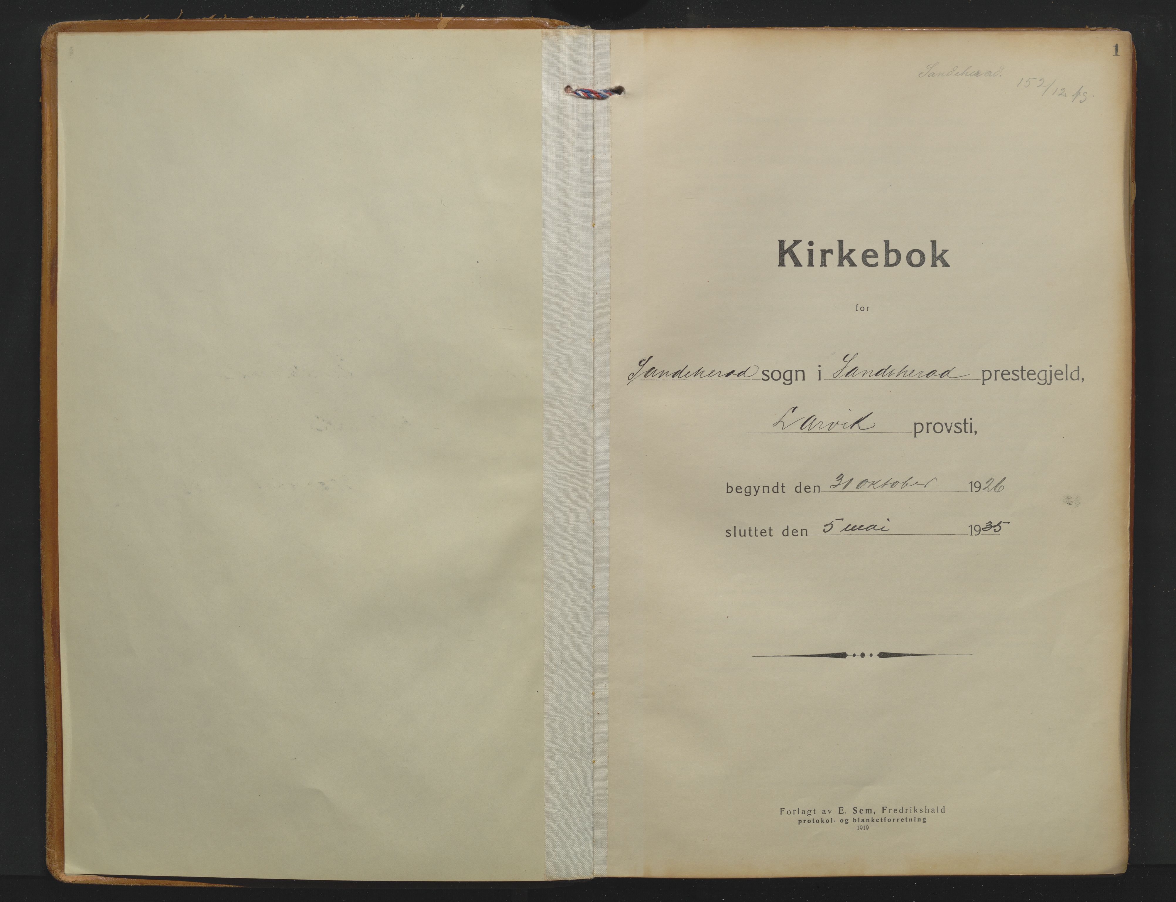 Sandar kirkebøker, SAKO/A-243/F/Fa/L0024: Parish register (official) no. 24, 1926-1935, p. 1