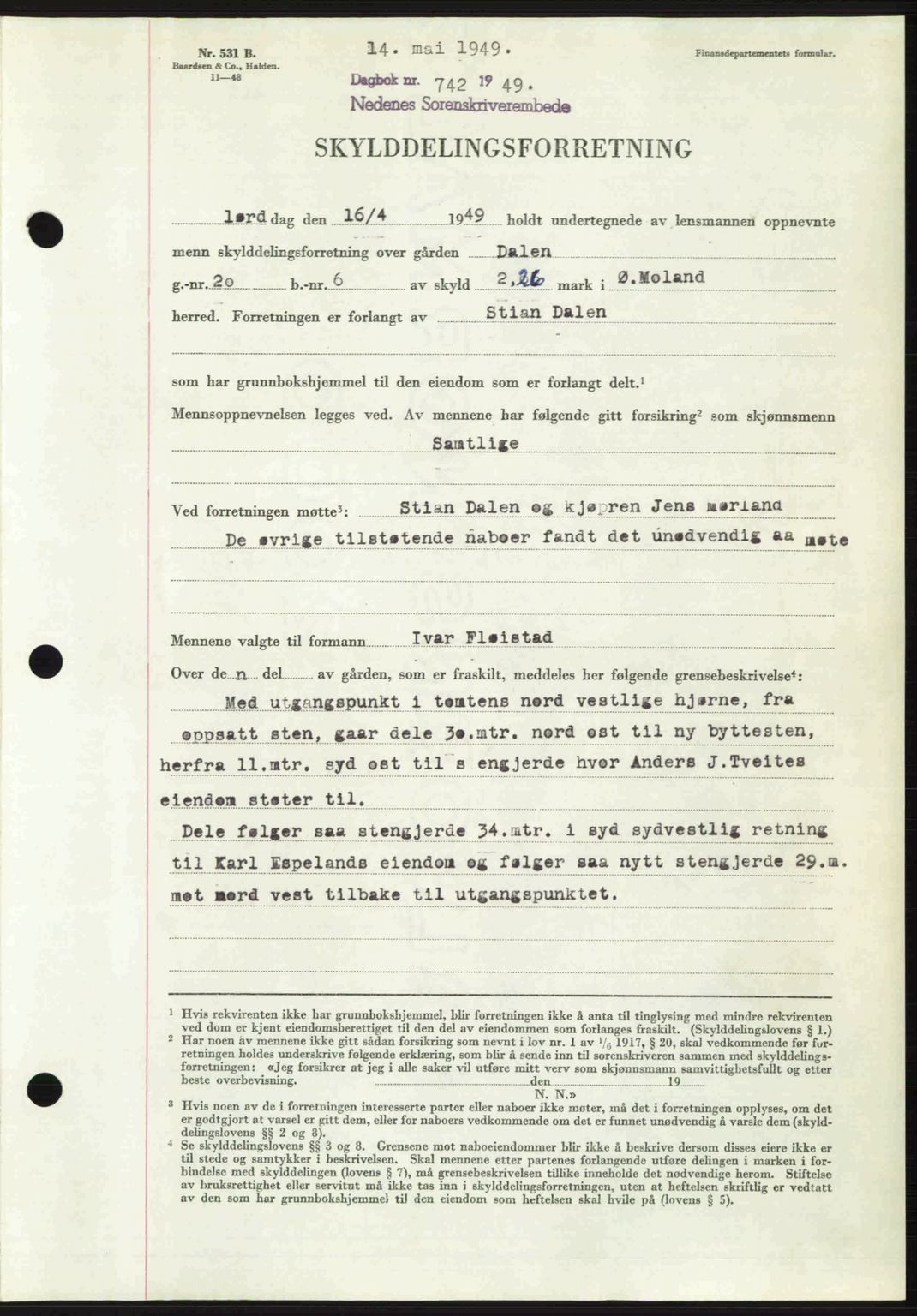 Nedenes sorenskriveri, SAK/1221-0006/G/Gb/Gba/L0060: Mortgage book no. A12, 1948-1949, Diary no: : 742/1949