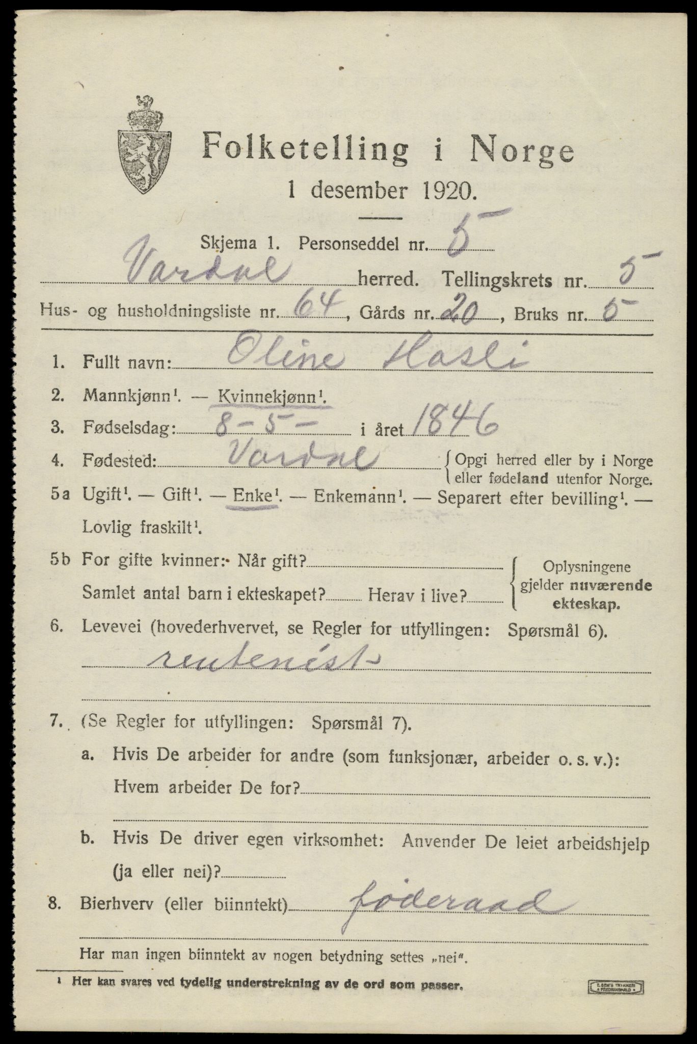 SAH, 1920 census for Vardal, 1920, p. 3861