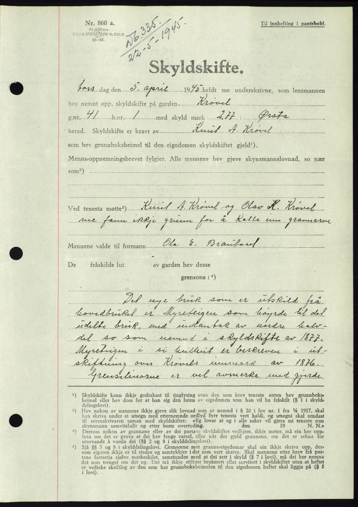 Søre Sunnmøre sorenskriveri, AV/SAT-A-4122/1/2/2C/L0077: Mortgage book no. 3A, 1945-1946, Diary no: : 335/1945