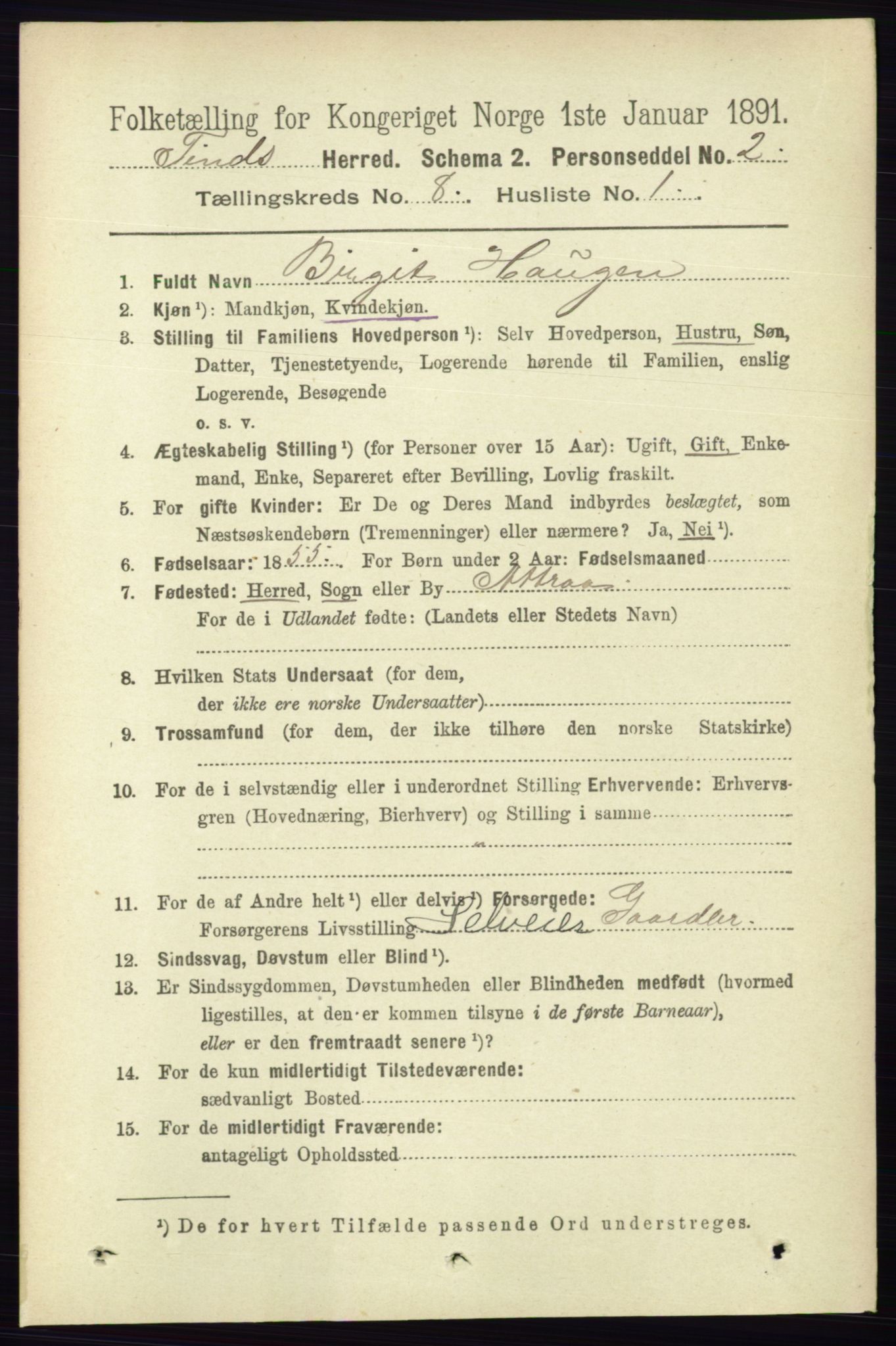 RA, 1891 census for 0826 Tinn, 1891, p. 1662