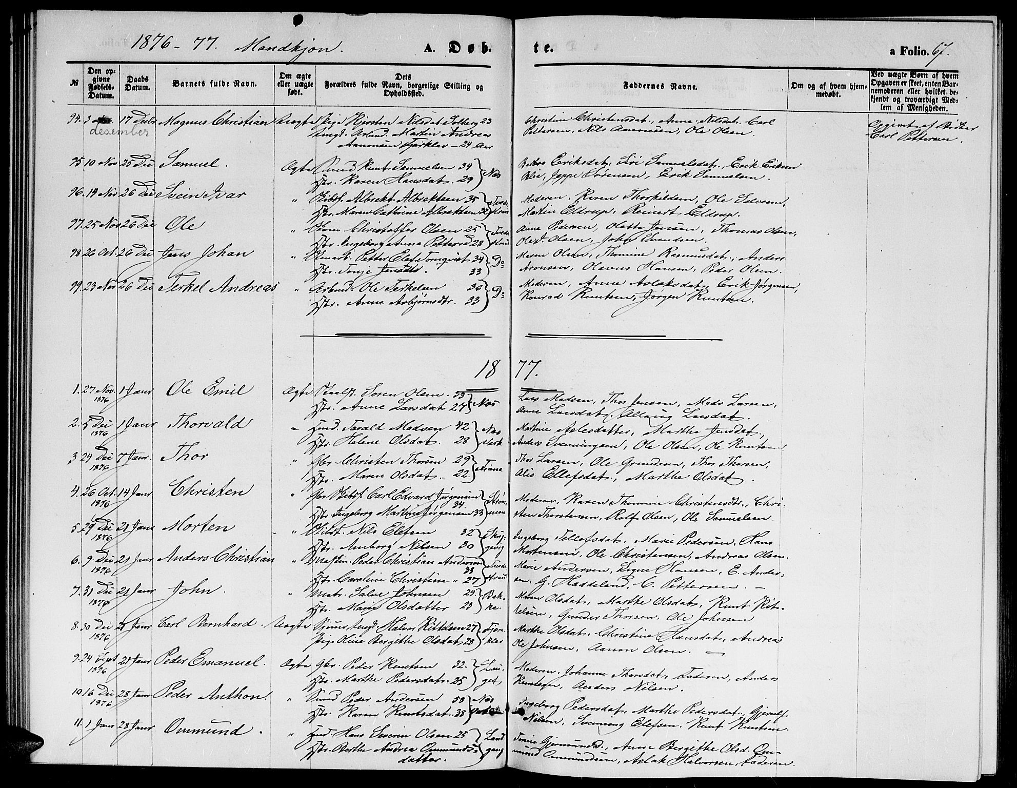 Holt sokneprestkontor, SAK/1111-0021/F/Fb/L0009: Parish register (copy) no. B 9, 1871-1883, p. 67