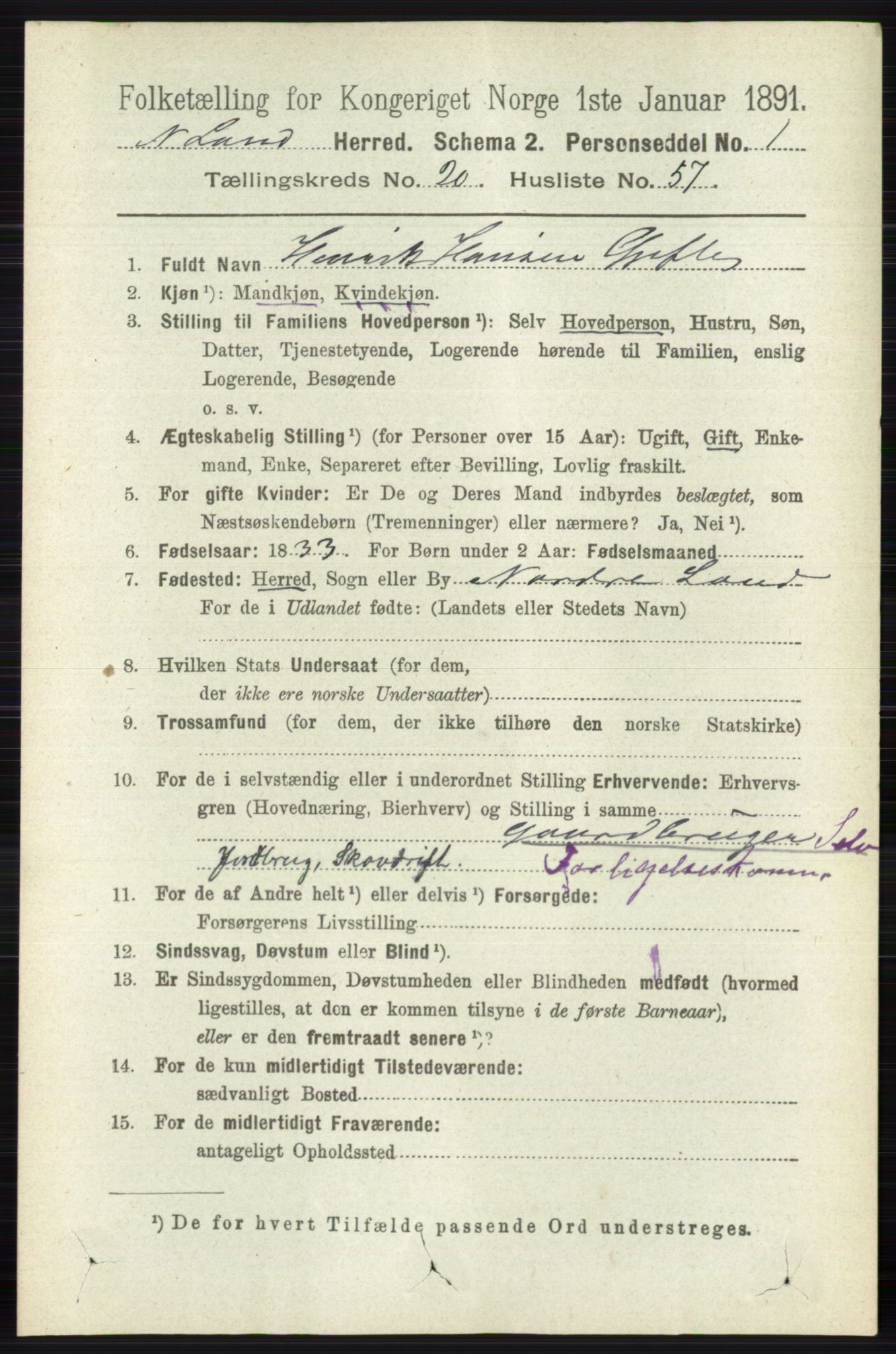 RA, 1891 census for 0538 Nordre Land, 1891, p. 5207