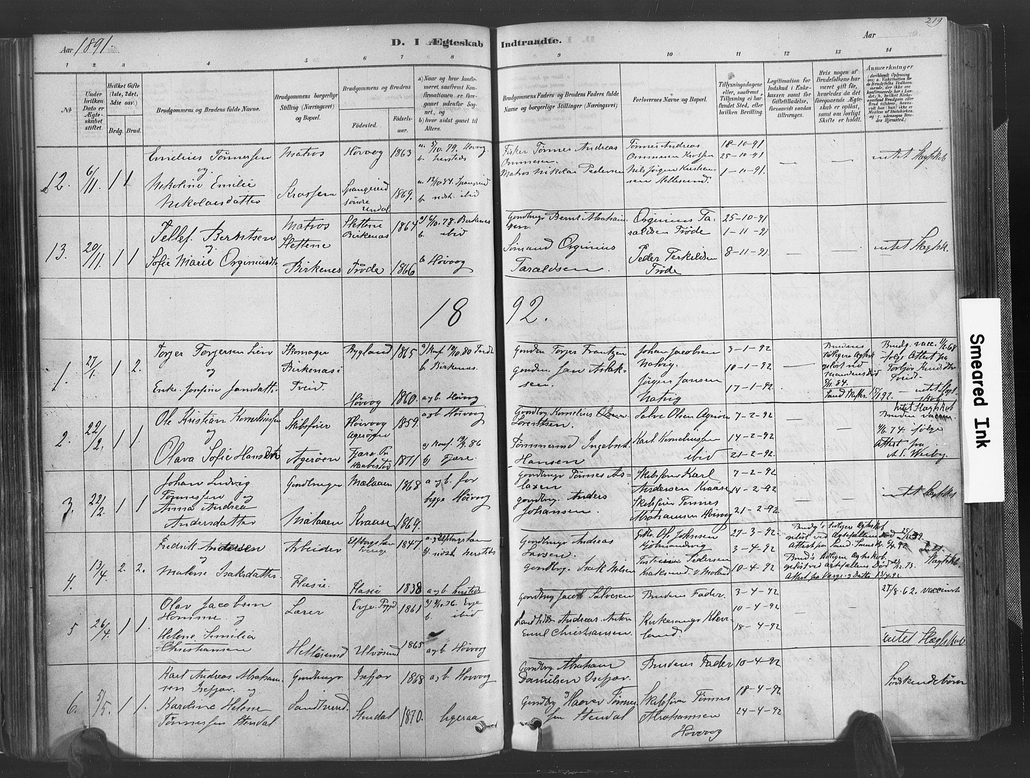 Høvåg sokneprestkontor, SAK/1111-0025/F/Fa/L0005: Parish register (official) no. A 5, 1878-1893, p. 219