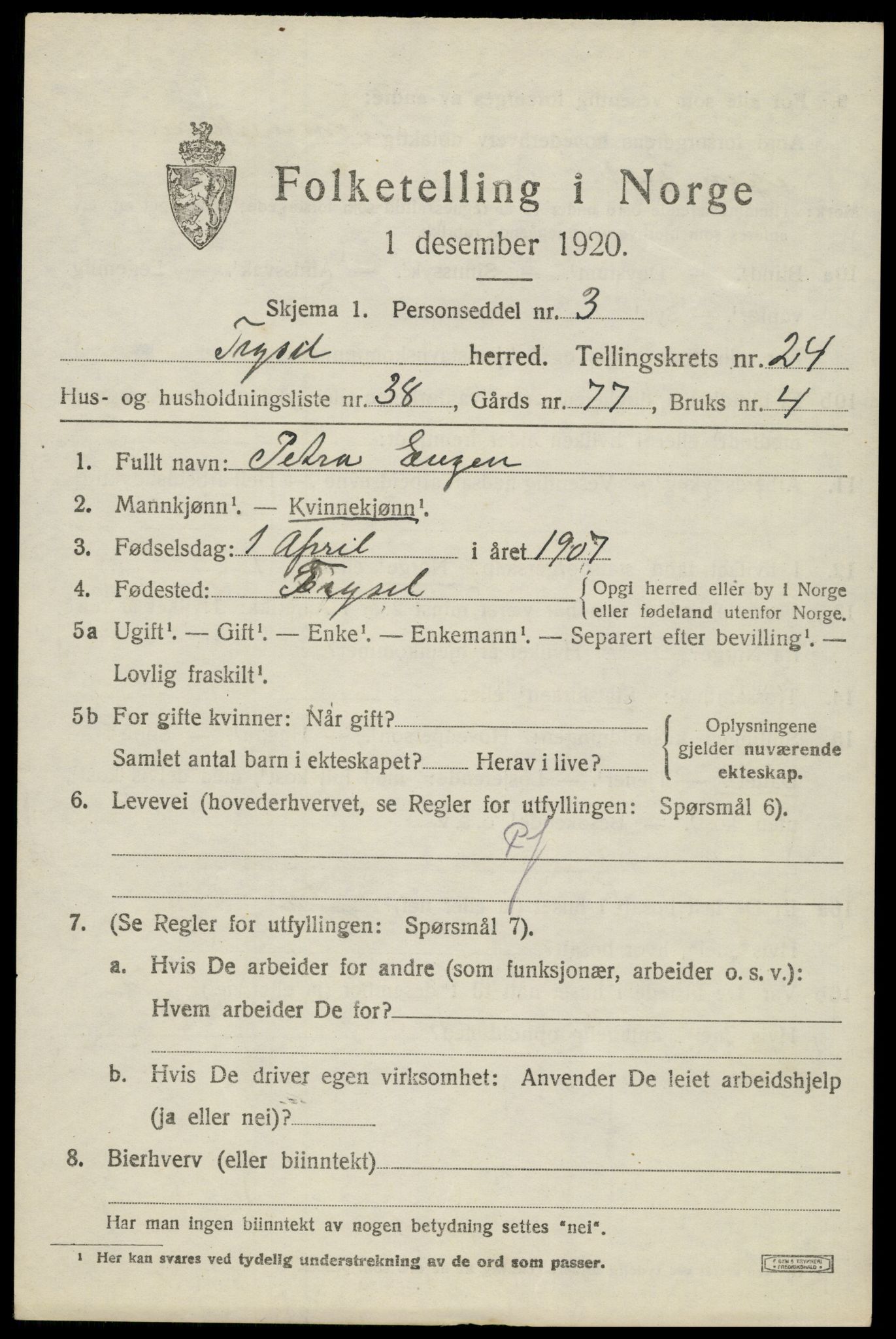 SAH, 1920 census for Trysil, 1920, p. 15683