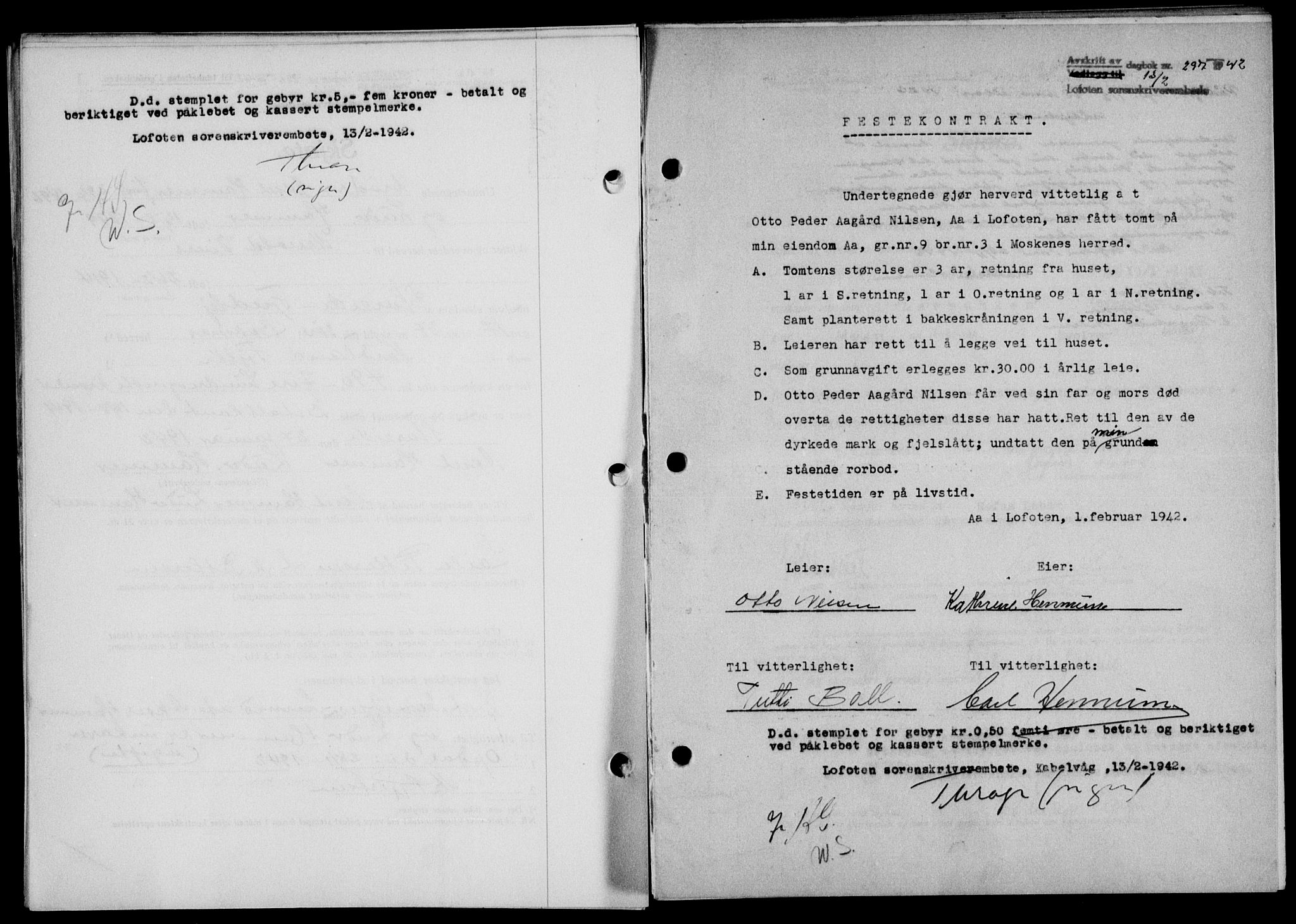 Lofoten sorenskriveri, SAT/A-0017/1/2/2C/L0009a: Mortgage book no. 9a, 1941-1942, Diary no: : 297/1942