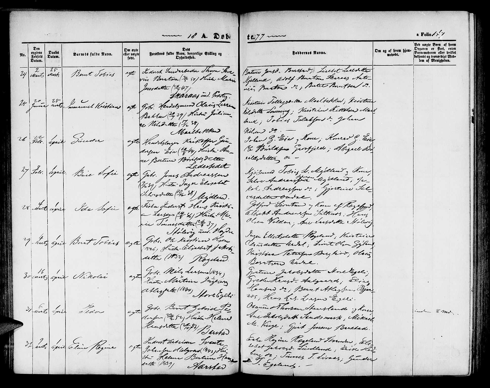 Sokndal sokneprestkontor, AV/SAST-A-101808: Parish register (copy) no. B 3, 1865-1879, p. 147