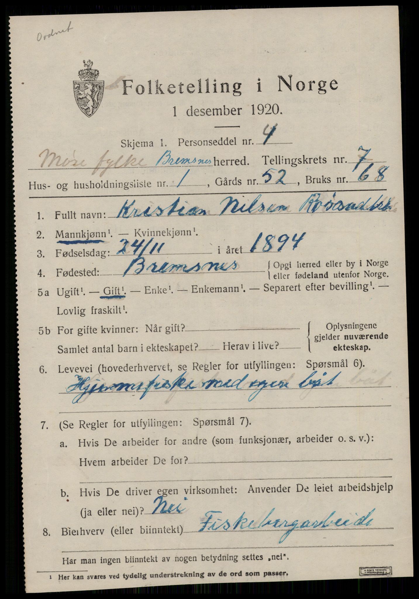 SAT, 1920 census for Bremsnes, 1920, p. 5531