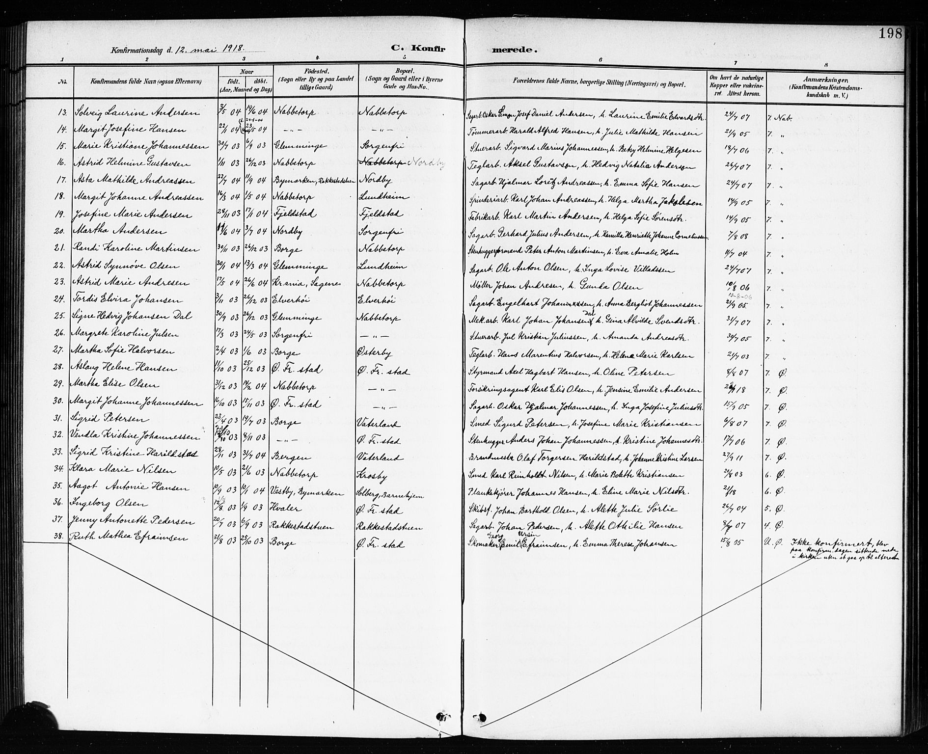 Østre Fredrikstad prestekontor Kirkebøker, AV/SAO-A-10907/G/Ga/L0002: Parish register (copy) no. 2, 1900-1919, p. 198