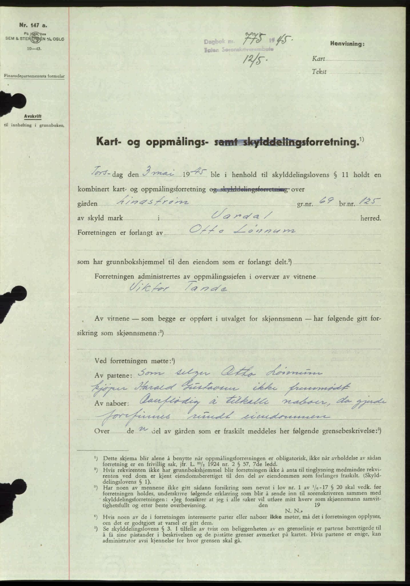 Toten tingrett, SAH/TING-006/H/Hb/Hbc/L0013: Mortgage book no. Hbc-13, 1945-1945, Diary no: : 775/1945