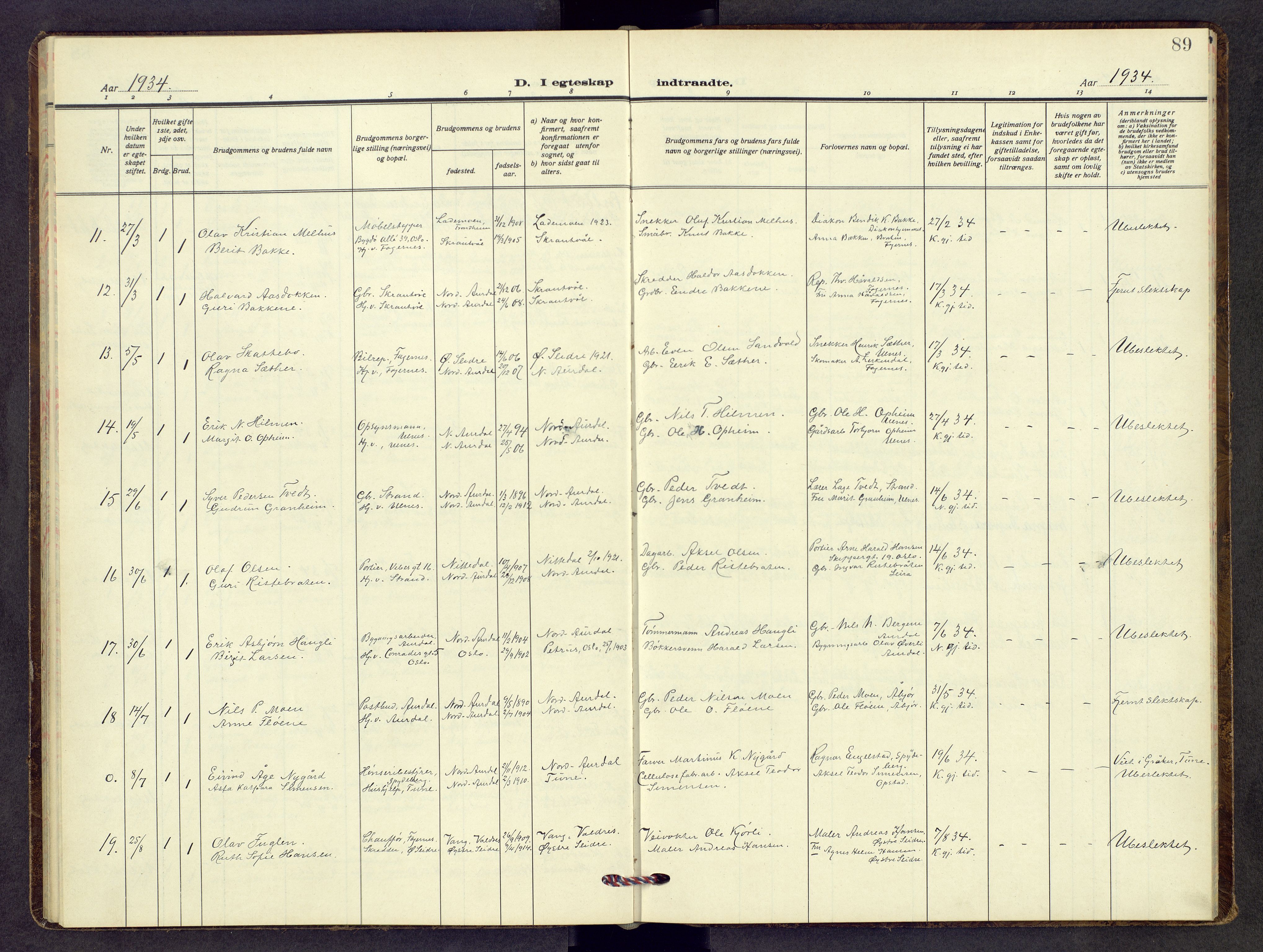 Nord-Aurdal prestekontor, AV/SAH-PREST-132/H/Ha/Hab/L0017: Parish register (copy) no. 17, 1933-1946, p. 89