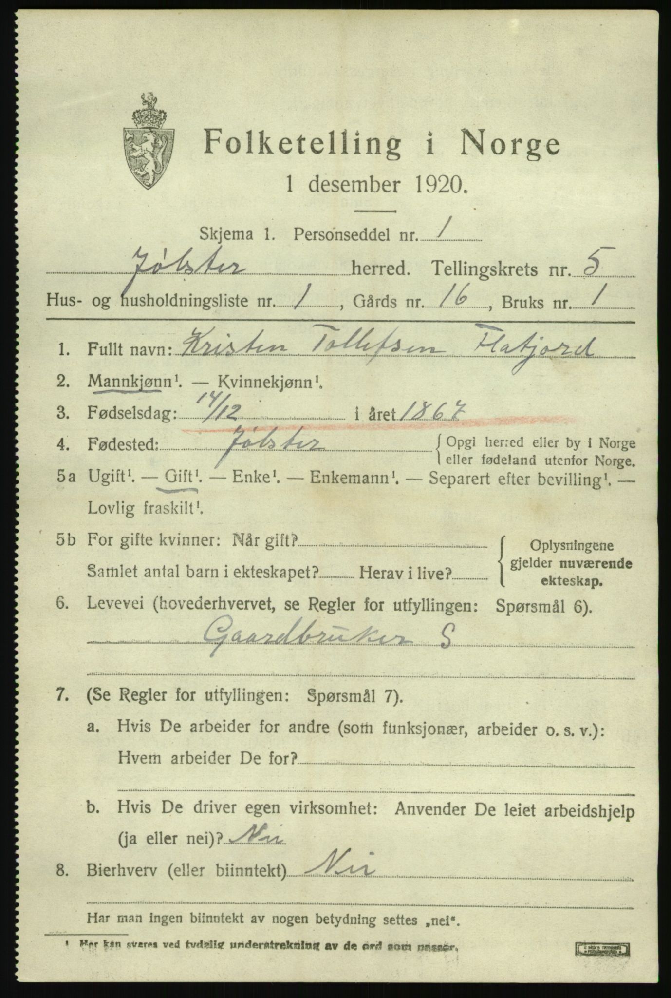 SAB, 1920 census for Jølster, 1920, p. 2926