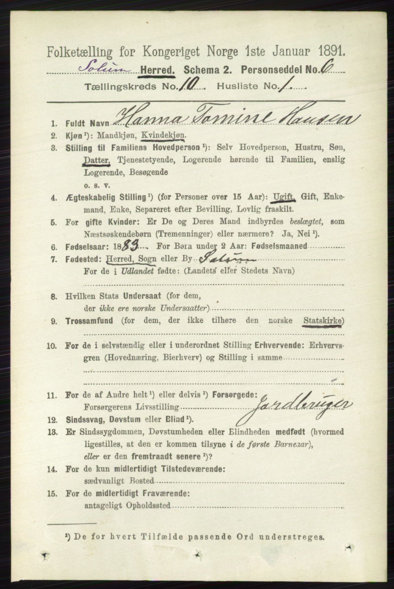 RA, 1891 census for 0818 Solum, 1891, p. 4695