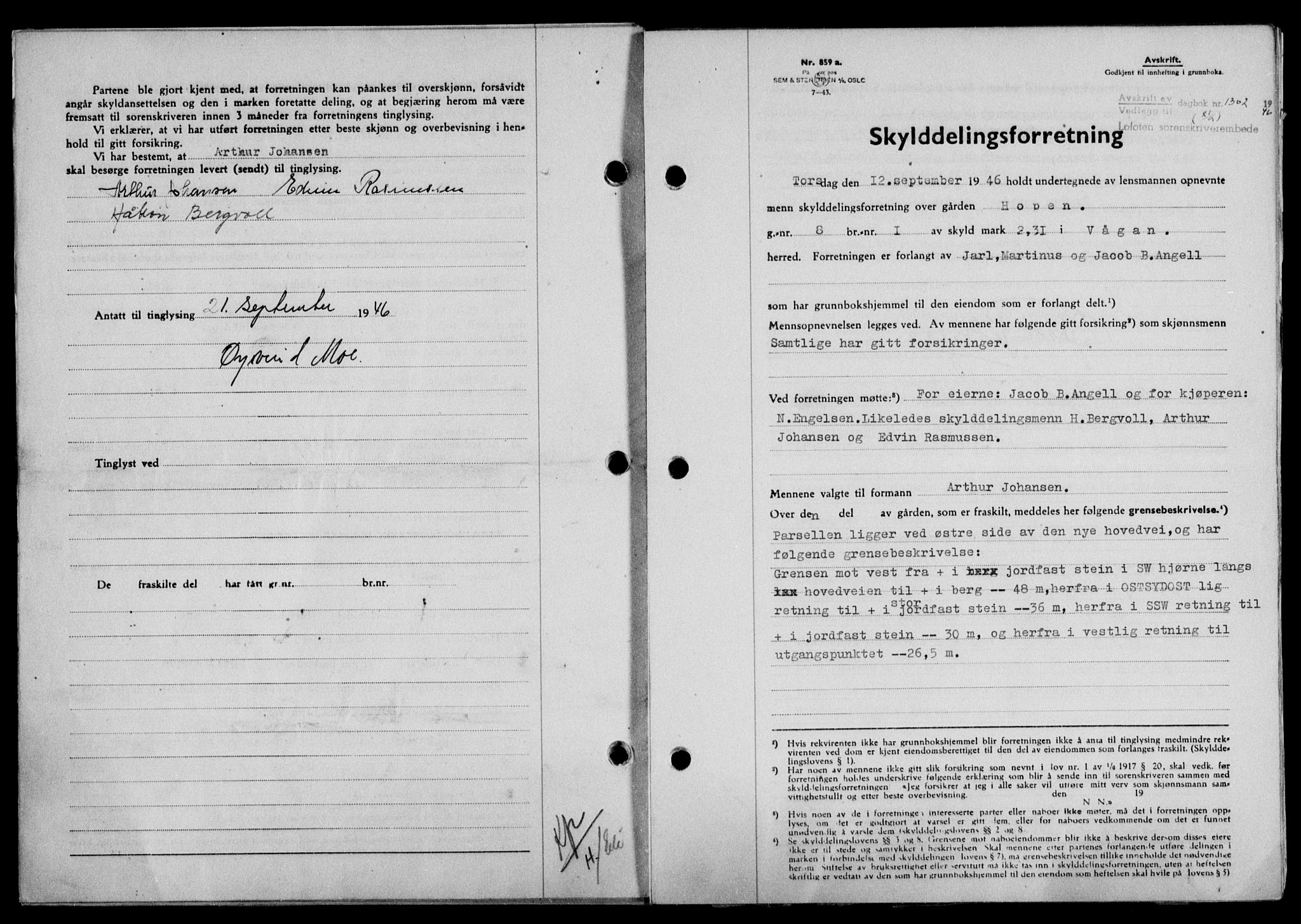 Lofoten sorenskriveri, SAT/A-0017/1/2/2C/L0014a: Mortgage book no. 14a, 1946-1946, Diary no: : 1302/1946