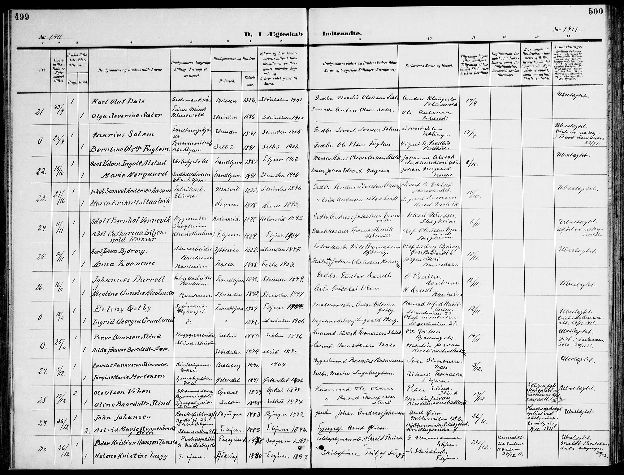 Ministerialprotokoller, klokkerbøker og fødselsregistre - Sør-Trøndelag, SAT/A-1456/607/L0320: Parish register (official) no. 607A04, 1907-1915, p. 499-500