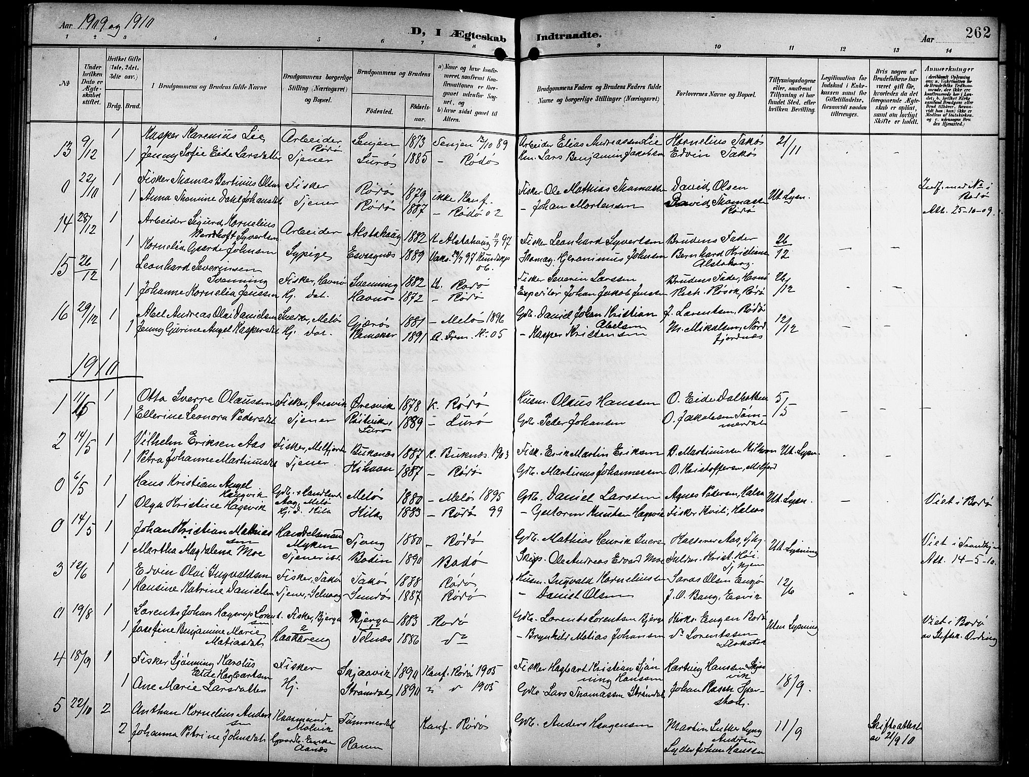 Ministerialprotokoller, klokkerbøker og fødselsregistre - Nordland, AV/SAT-A-1459/841/L0621: Parish register (copy) no. 841C05, 1897-1923, p. 262