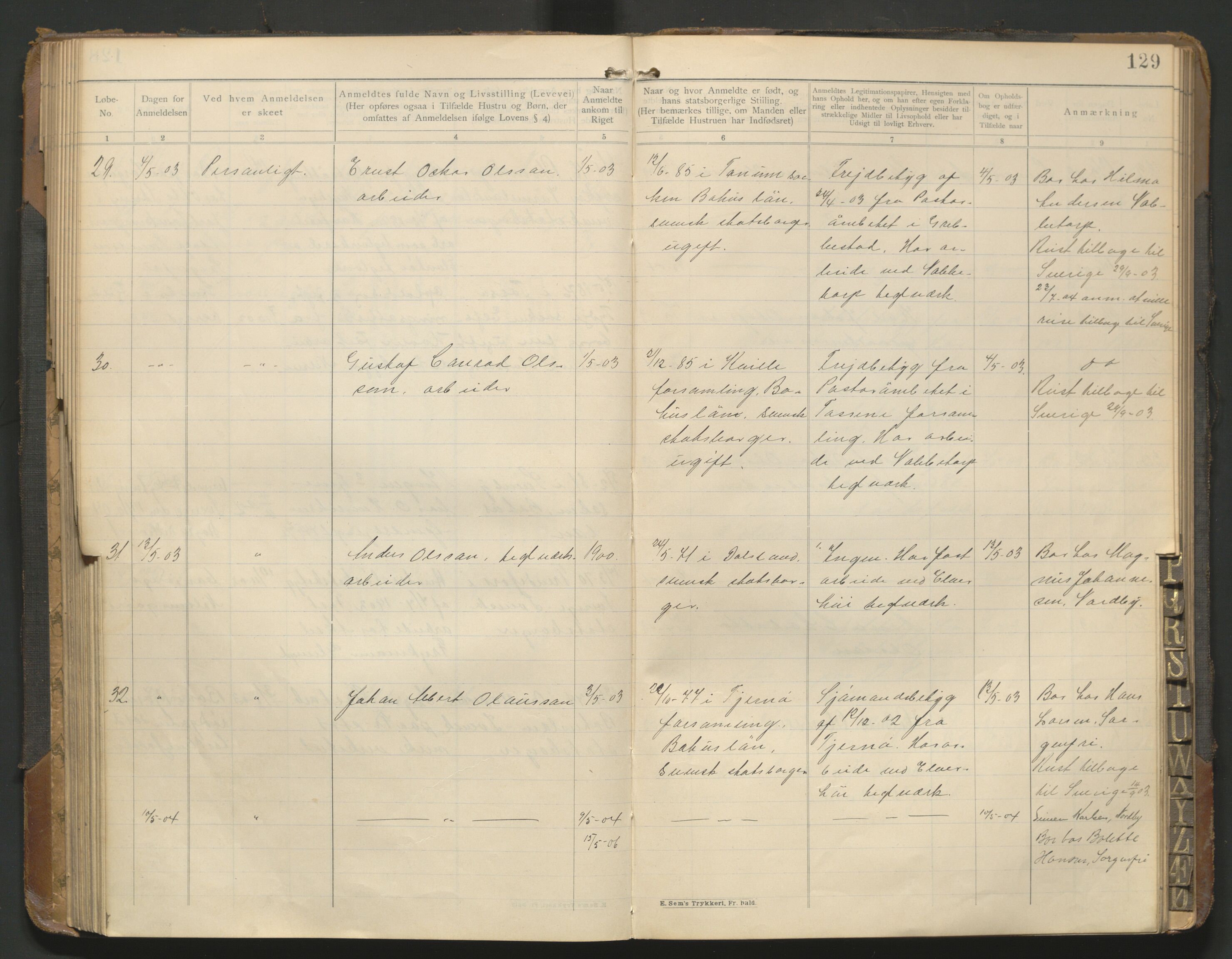 Fredrikstad politikammer, AV/SAO-A-10055/H/Hb/Hba/L0001: Protokoll over fremmede statsborgere, 1901-1916, p. 128b-129a