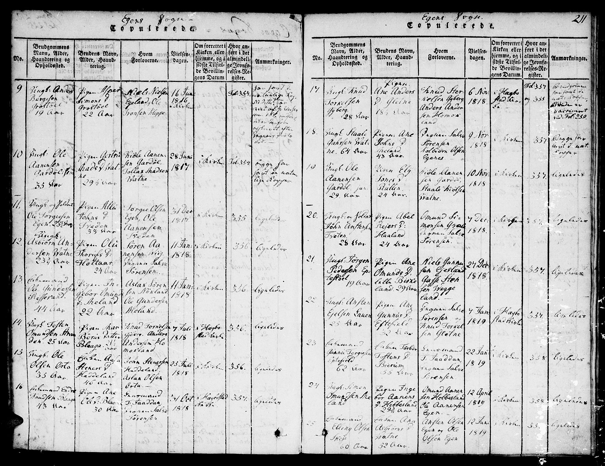 Hægebostad sokneprestkontor, SAK/1111-0024/F/Fa/Faa/L0002: Parish register (official) no. A 2 /2, 1816-1824, p. 211