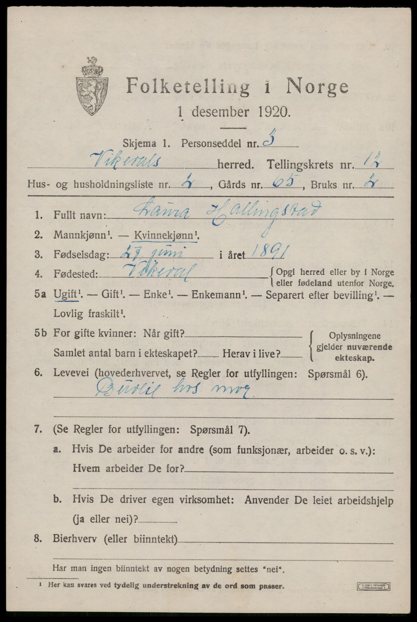 SAST, 1920 census for Vikedal, 1920, p. 3775