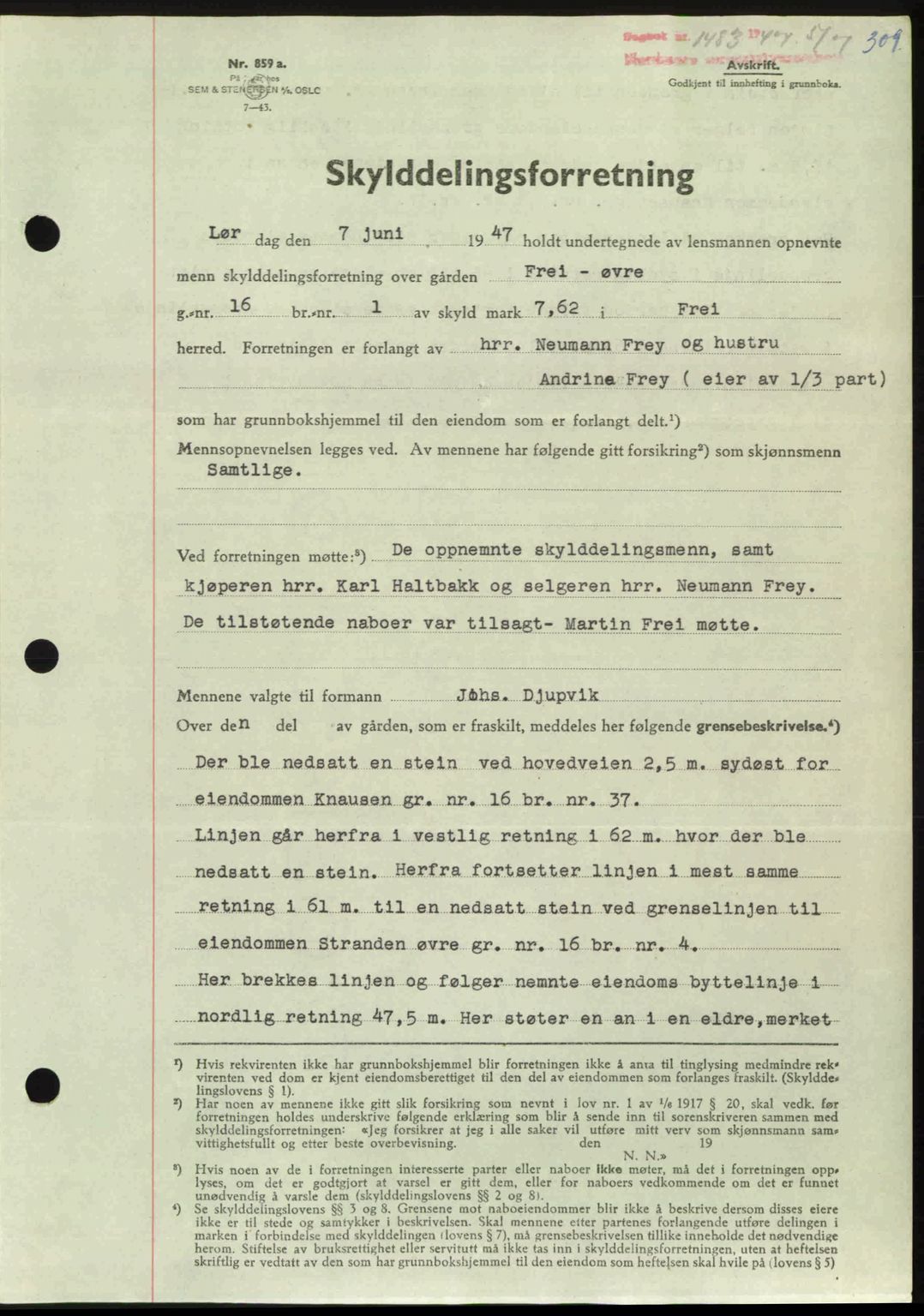 Nordmøre sorenskriveri, AV/SAT-A-4132/1/2/2Ca: Mortgage book no. A105, 1947-1947, Diary no: : 1483/1947