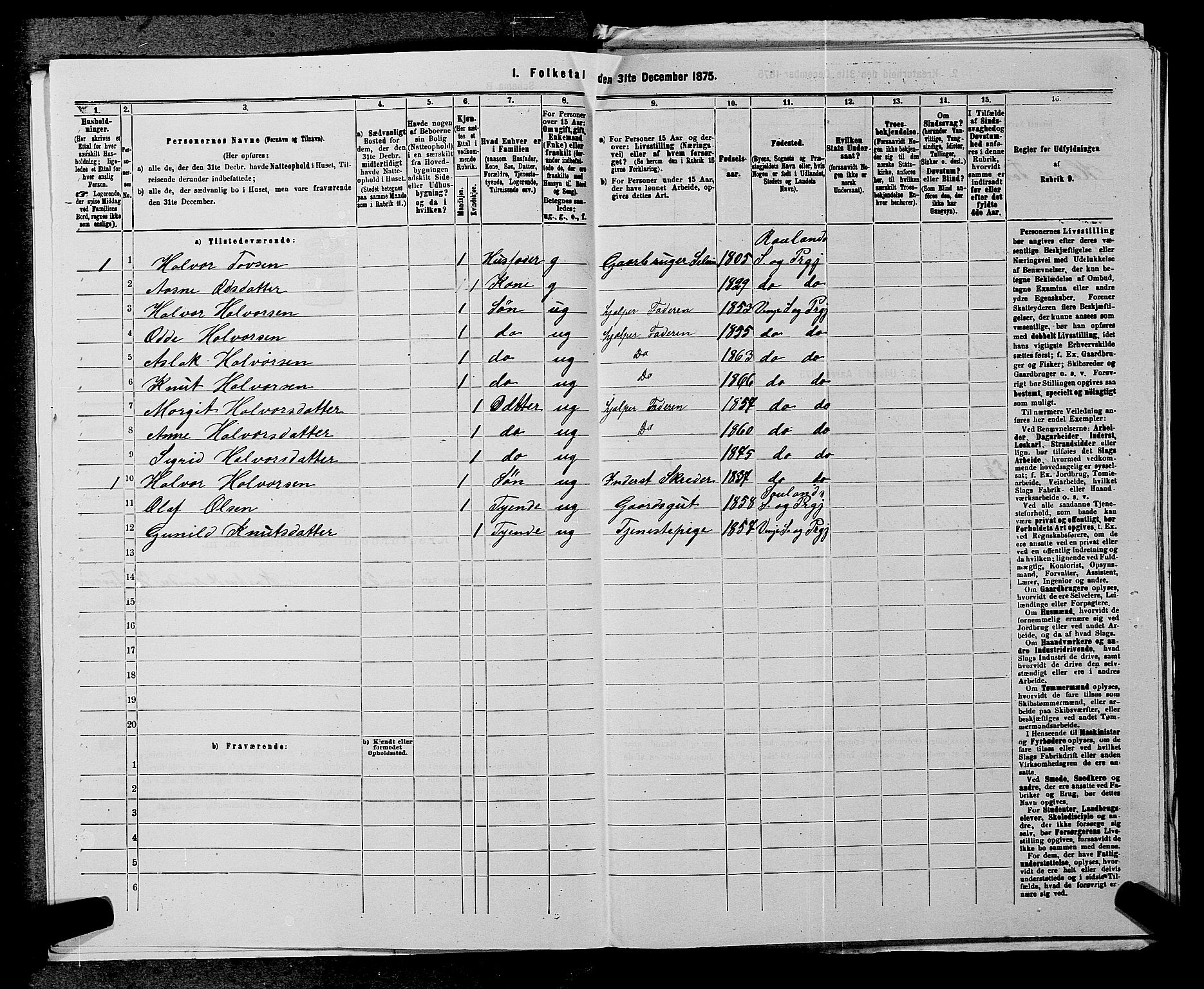 SAKO, 1875 census for 0834P Vinje, 1875, p. 308