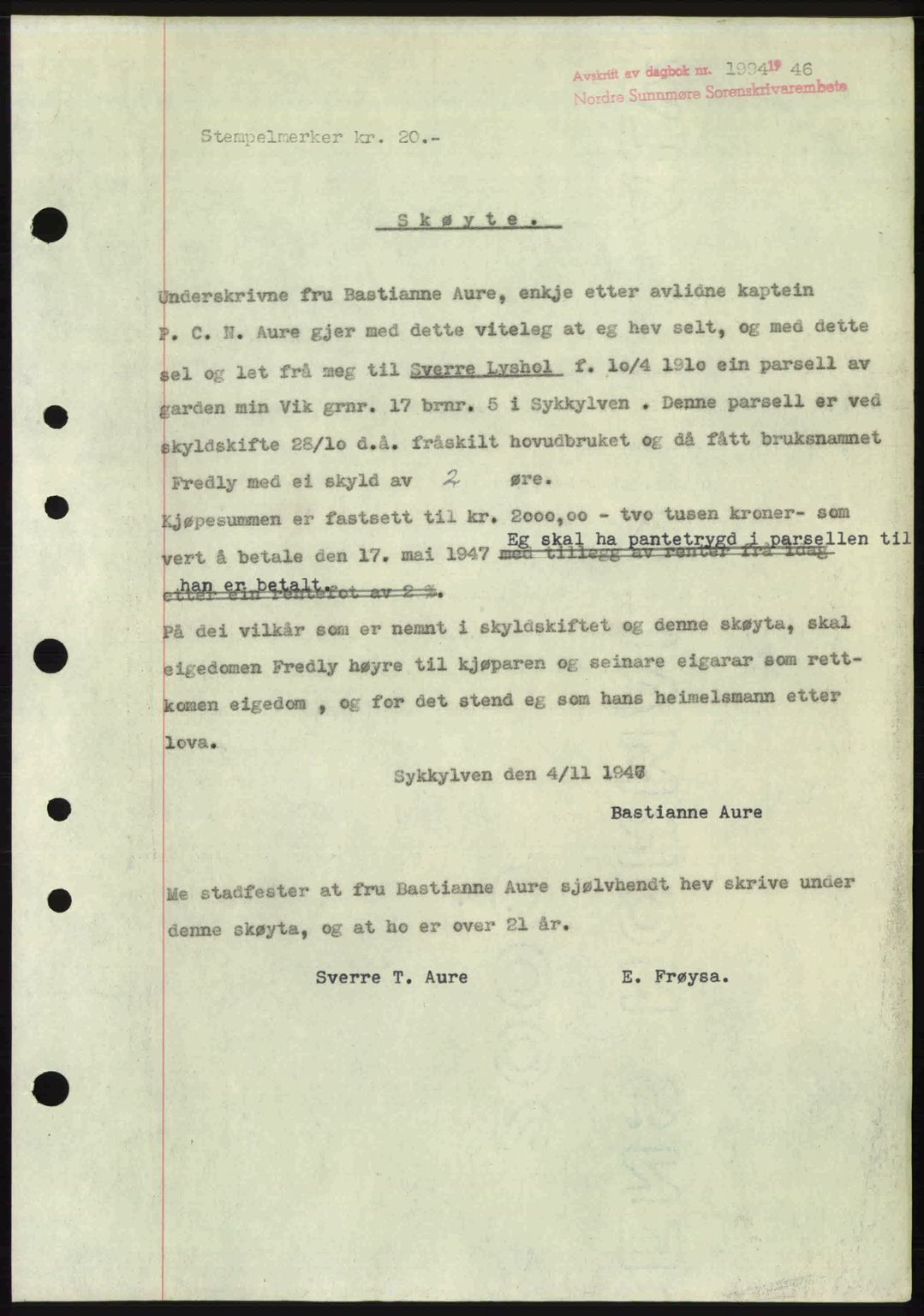 Nordre Sunnmøre sorenskriveri, AV/SAT-A-0006/1/2/2C/2Ca: Mortgage book no. A23, 1946-1947, Diary no: : 1994/1946