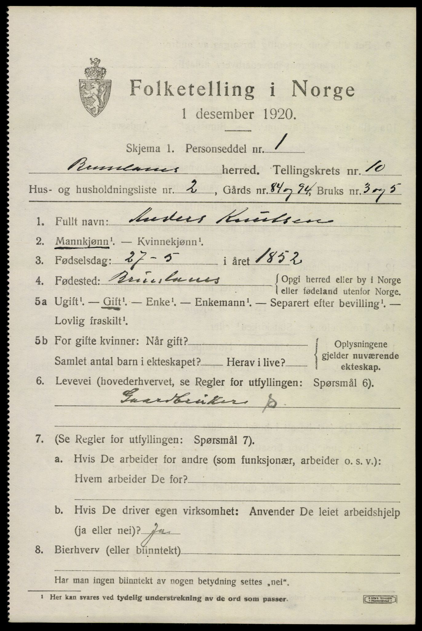 SAKO, 1920 census for Brunlanes, 1920, p. 8619