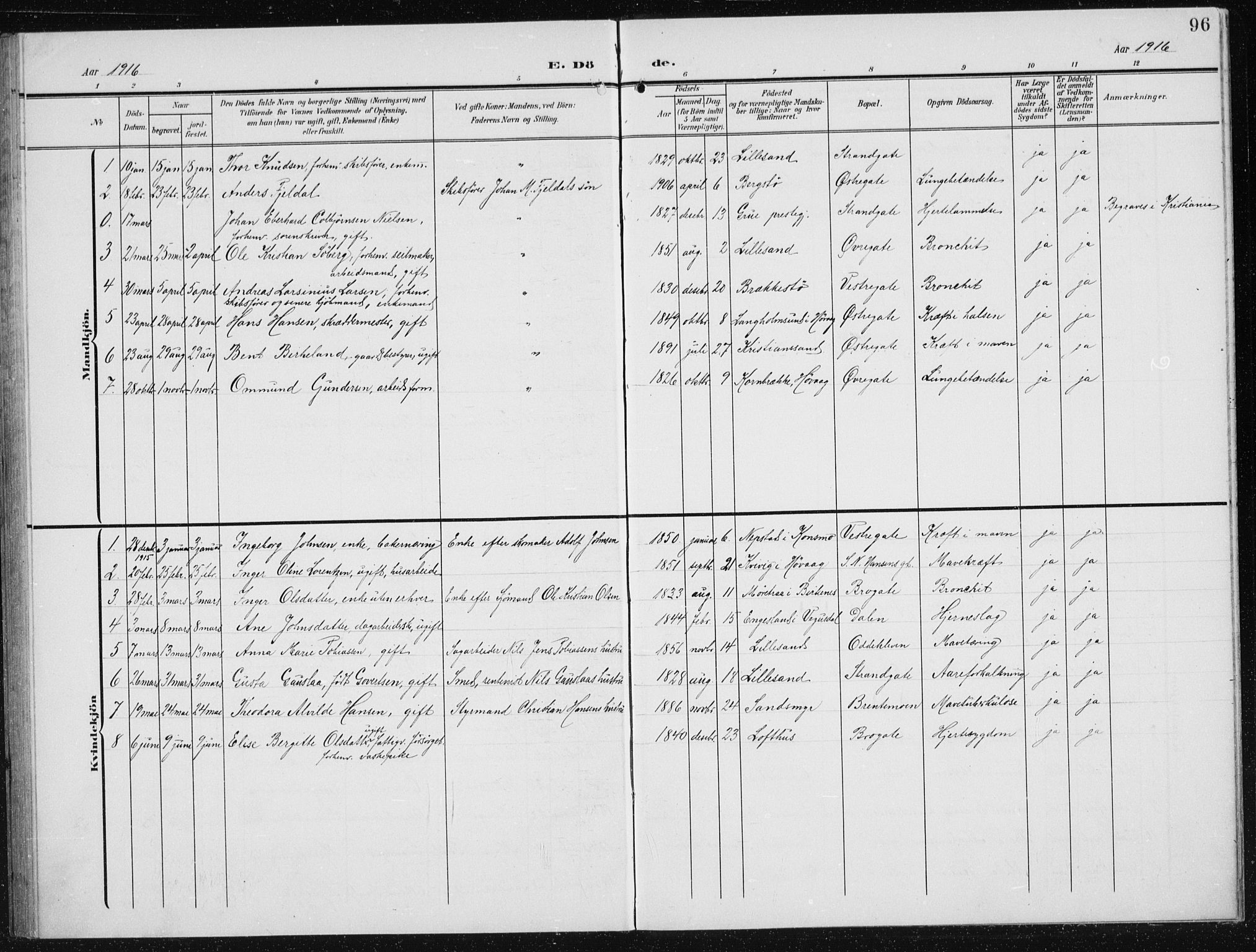 Vestre Moland sokneprestkontor, SAK/1111-0046/F/Fb/Fba/L0002: Parish register (copy) no. B 2, 1904-1934, p. 96