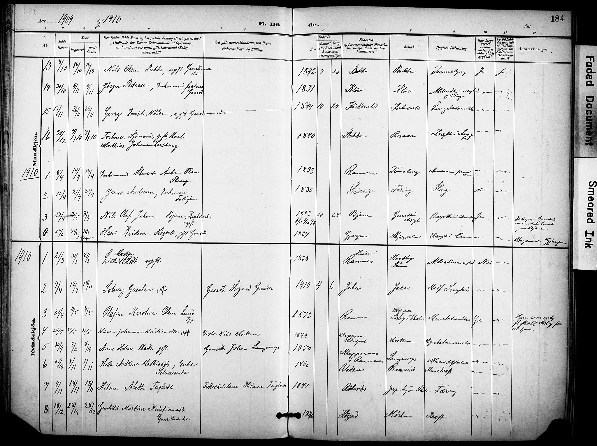 Ramnes kirkebøker, AV/SAKO-A-314/F/Fa/L0008: Parish register (official) no. I 8, 1896-1913, p. 184