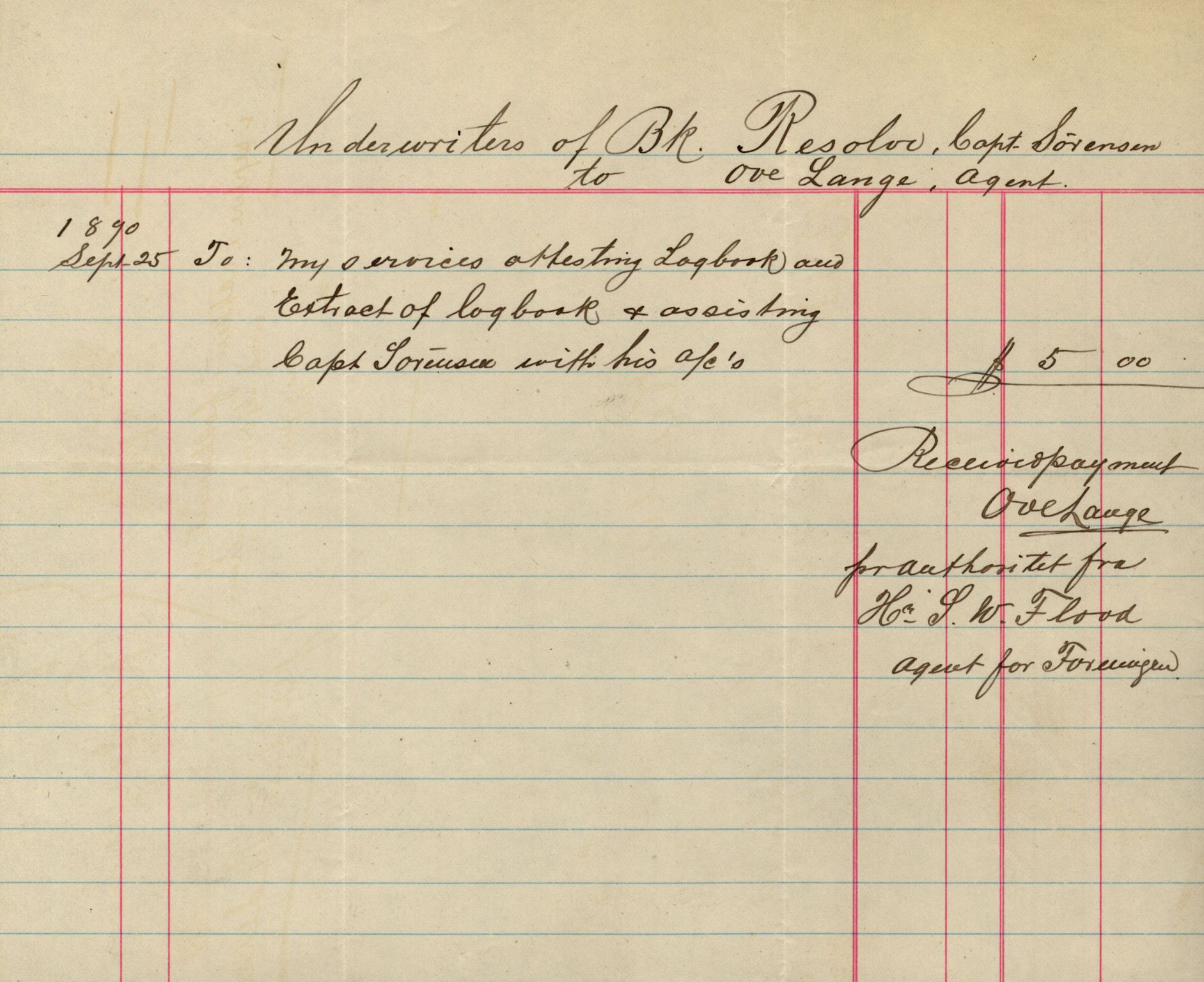 Pa 63 - Østlandske skibsassuranceforening, VEMU/A-1079/G/Ga/L0026/0009: Havaridokumenter / Rex, Resolve, Regulator, Familien, Falcon, Johanne, 1890, p. 29