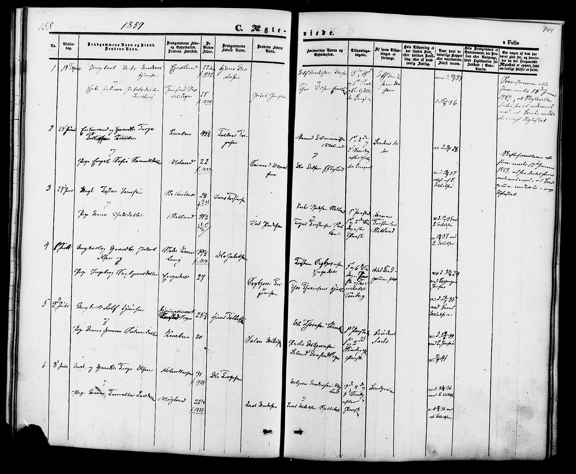 Fjotland sokneprestkontor, AV/SAK-1111-0010/F/Fa/L0001: Parish register (official) no. A 1, 1850-1879, p. 144
