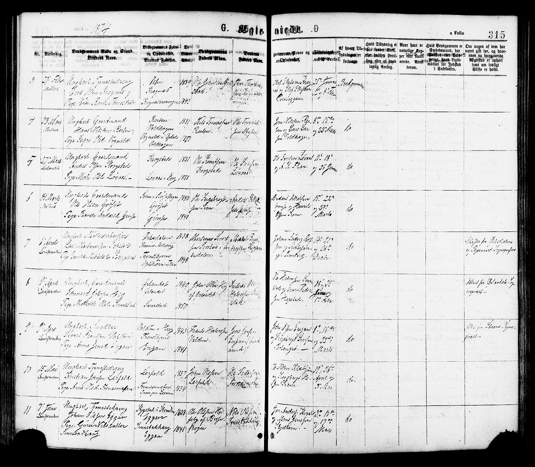Ministerialprotokoller, klokkerbøker og fødselsregistre - Sør-Trøndelag, SAT/A-1456/691/L1079: Parish register (official) no. 691A11, 1873-1886, p. 315