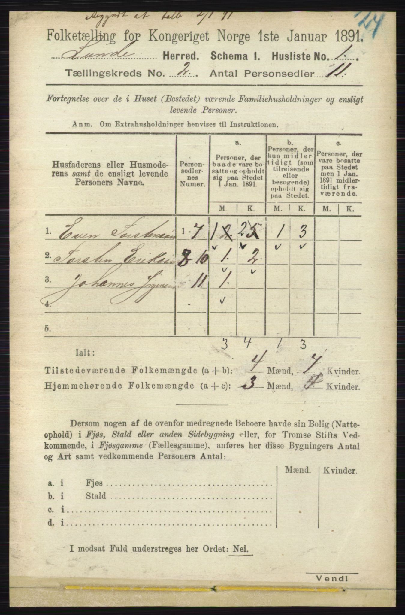 RA, 1891 census for 0820 Lunde, 1891, p. 292