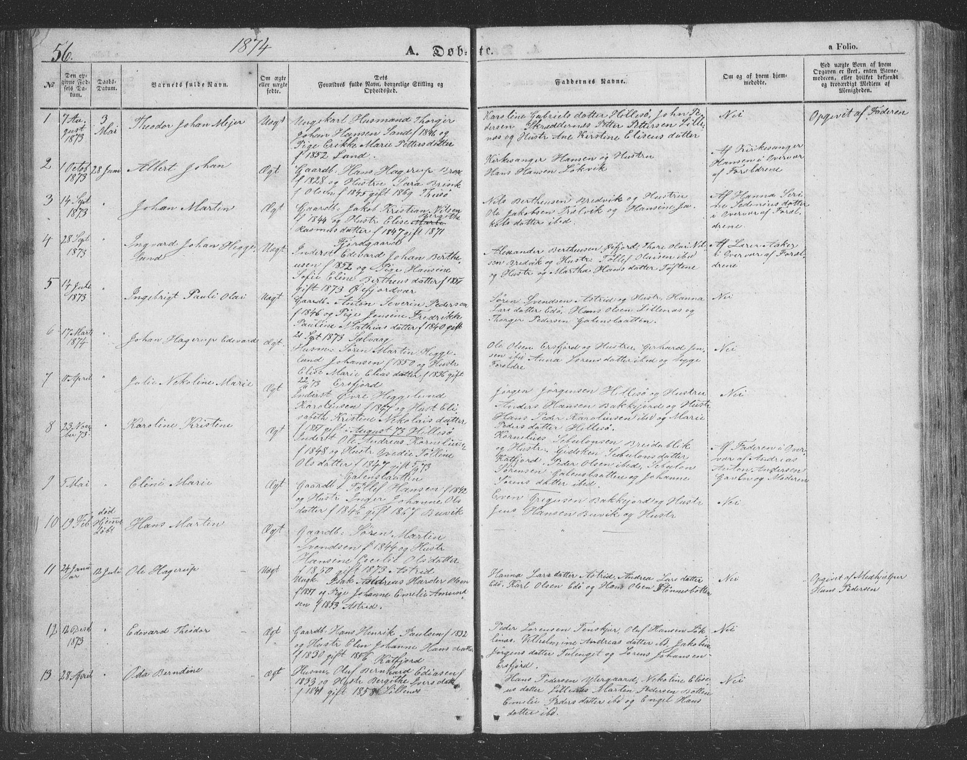 Lenvik sokneprestembete, SATØ/S-1310/H/Ha/Hab/L0020klokker: Parish register (copy) no. 20, 1855-1883, p. 56