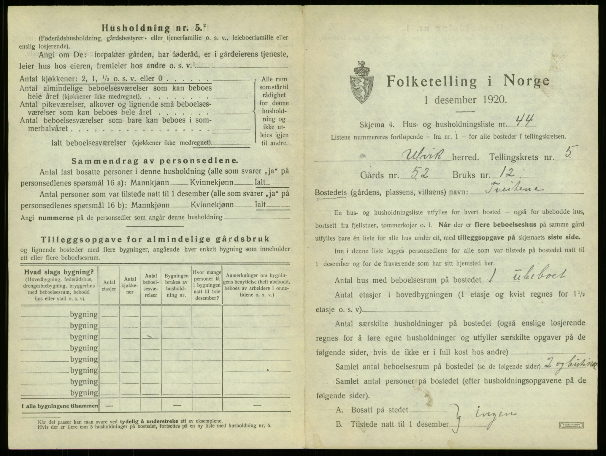 SAB, 1920 census for Ulvik, 1920, p. 45