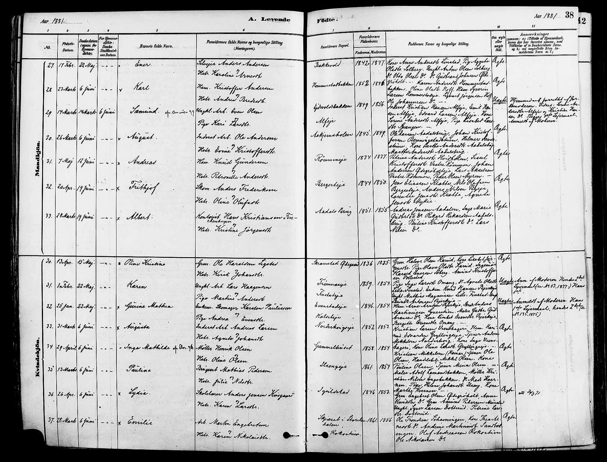 Løten prestekontor, AV/SAH-PREST-022/K/Ka/L0009: Parish register (official) no. 9, 1878-1891, p. 38