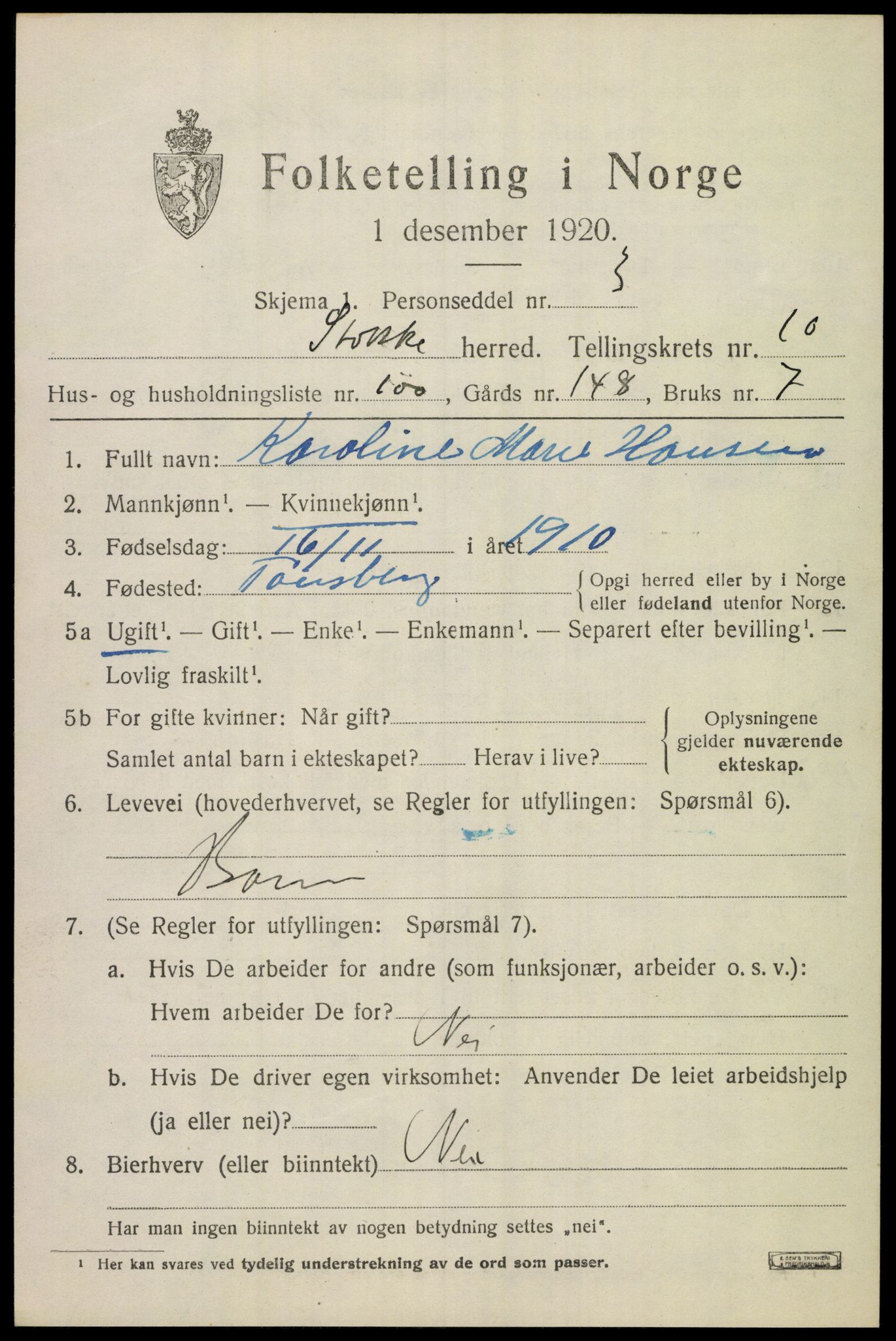 SAKO, 1920 census for Stokke, 1920, p. 12236
