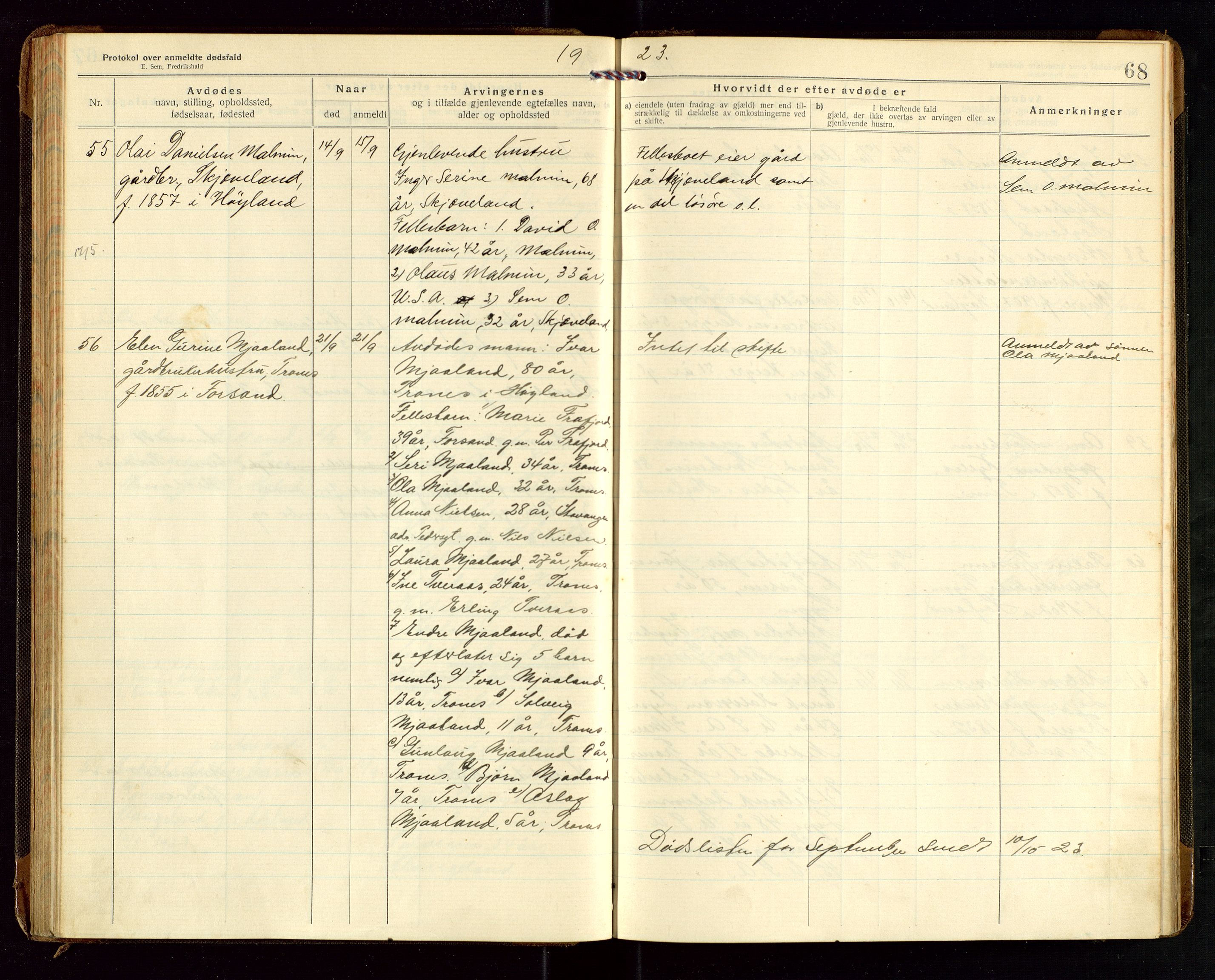 Høyland/Sandnes lensmannskontor, AV/SAST-A-100166/Gga/L0005: "Protkokol over anmeldte dødsfald i Høylands lensmandsdistrikt", 1920-1926, p. 68