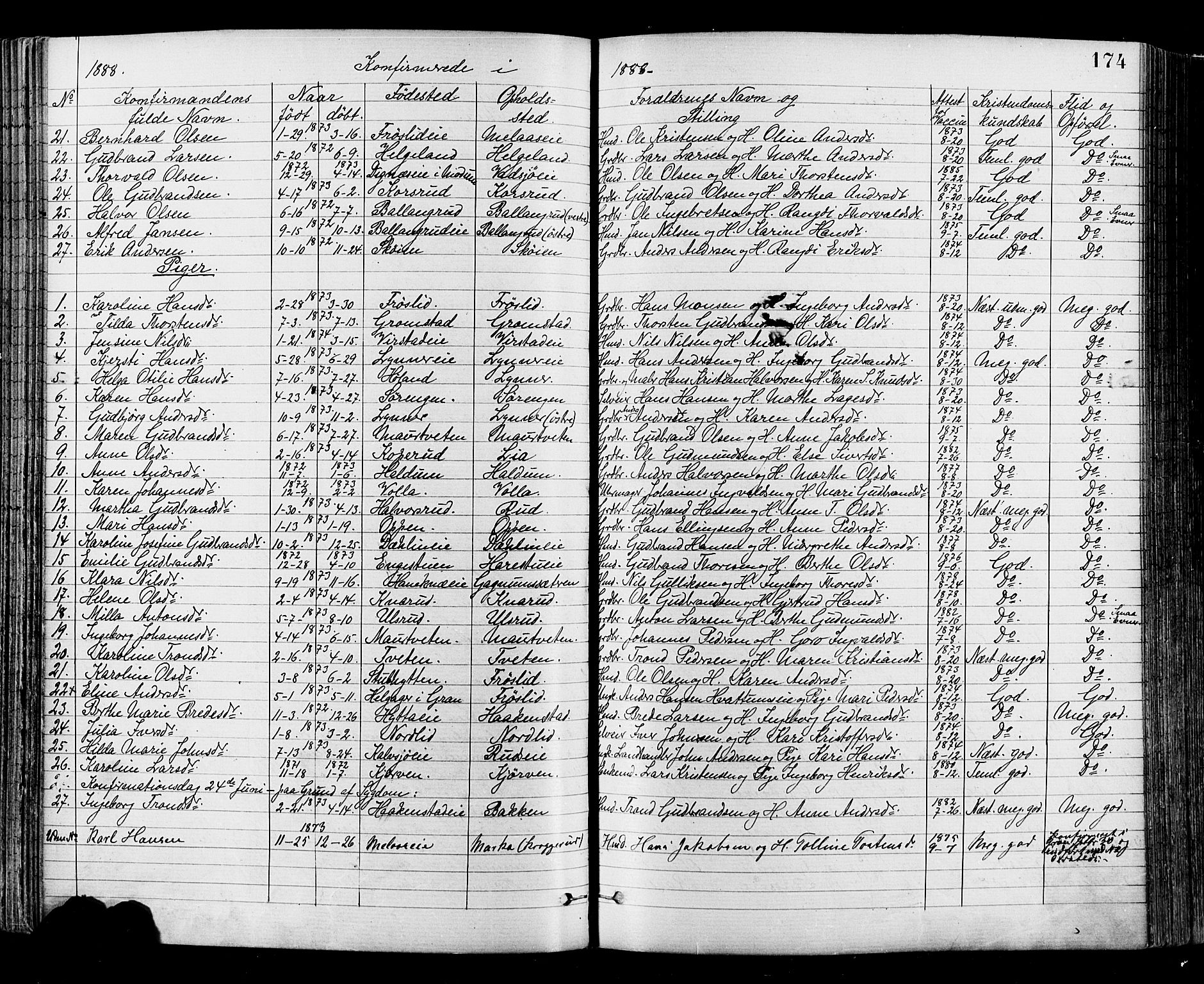 Jevnaker prestekontor, SAH/PREST-116/H/Ha/Haa/L0008: Parish register (official) no. 8, 1877-1890, p. 174
