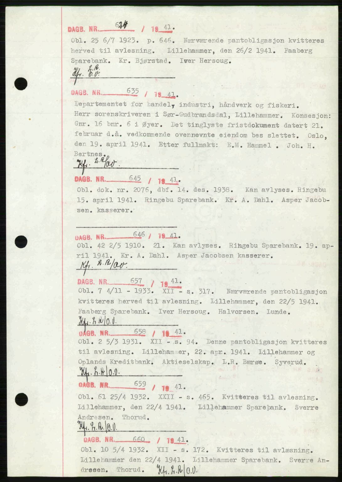 Sør-Gudbrandsdal tingrett, SAH/TING-004/H/Hb/Hbf/L0002: Mortgage book no. C1, 1938-1951, Diary no: : 624/1941