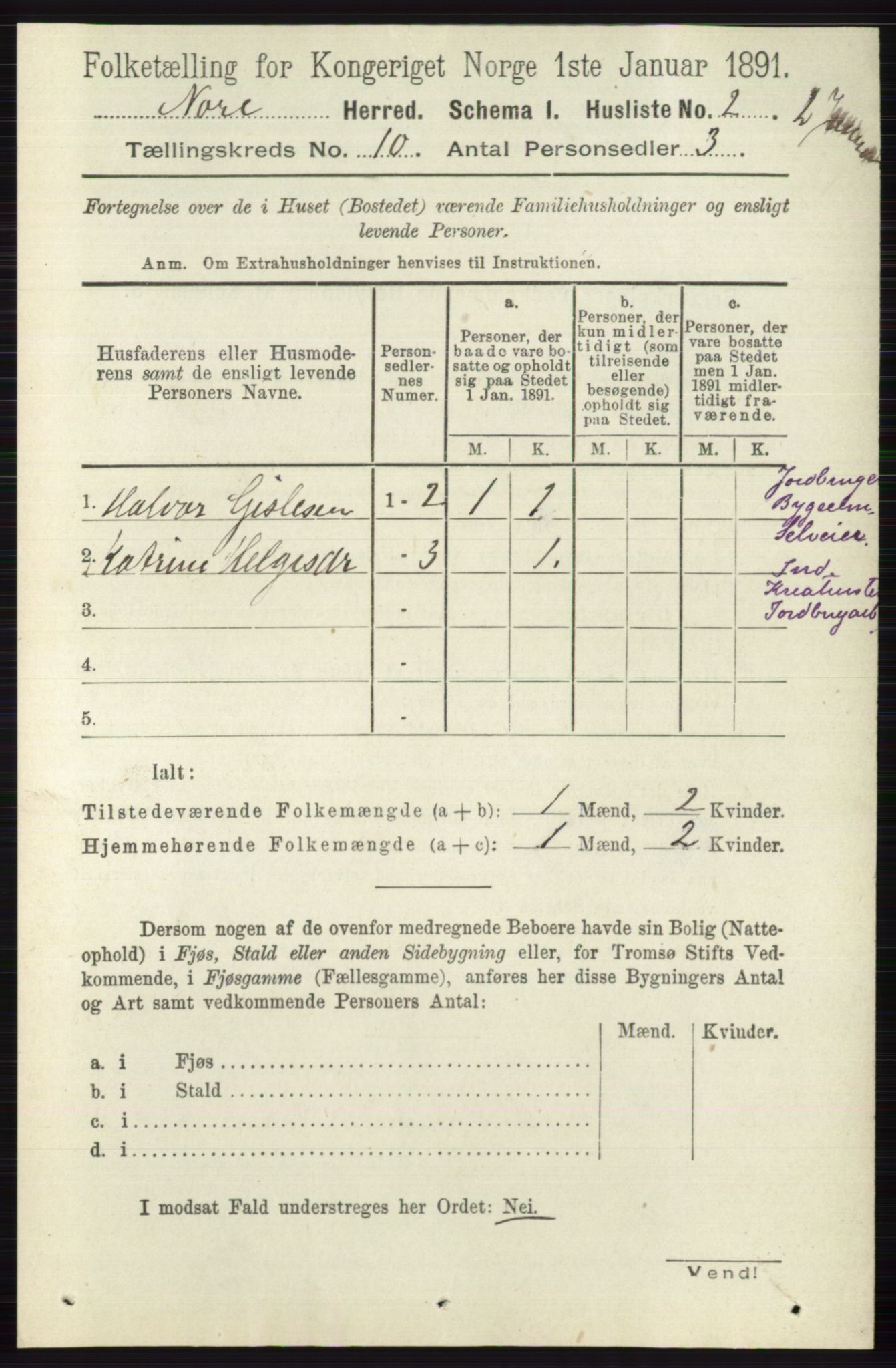 RA, 1891 census for 0633 Nore, 1891, p. 3516