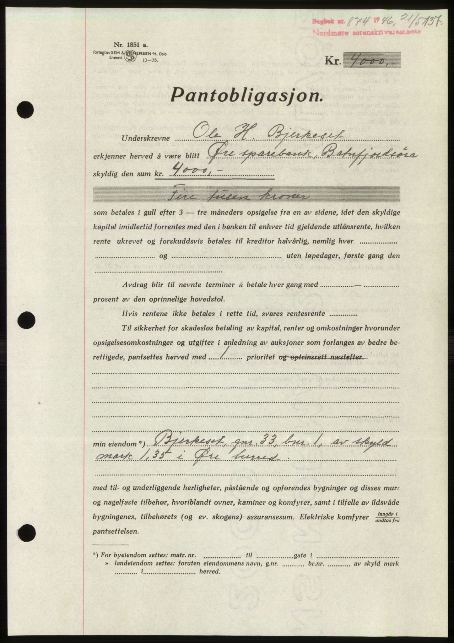 Nordmøre sorenskriveri, AV/SAT-A-4132/1/2/2Ca: Mortgage book no. B94, 1946-1946, Diary no: : 874/1946