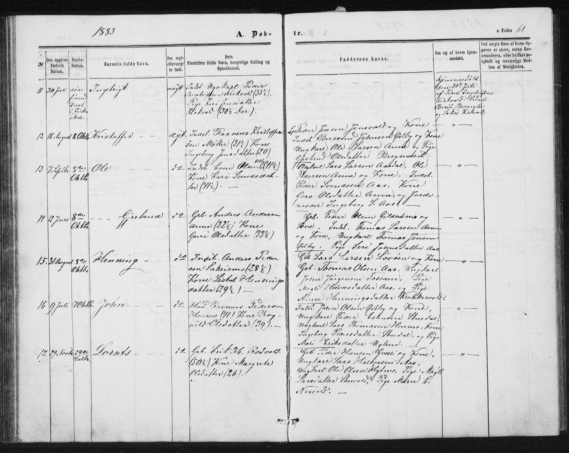 Ministerialprotokoller, klokkerbøker og fødselsregistre - Sør-Trøndelag, SAT/A-1456/698/L1166: Parish register (copy) no. 698C03, 1861-1887, p. 61