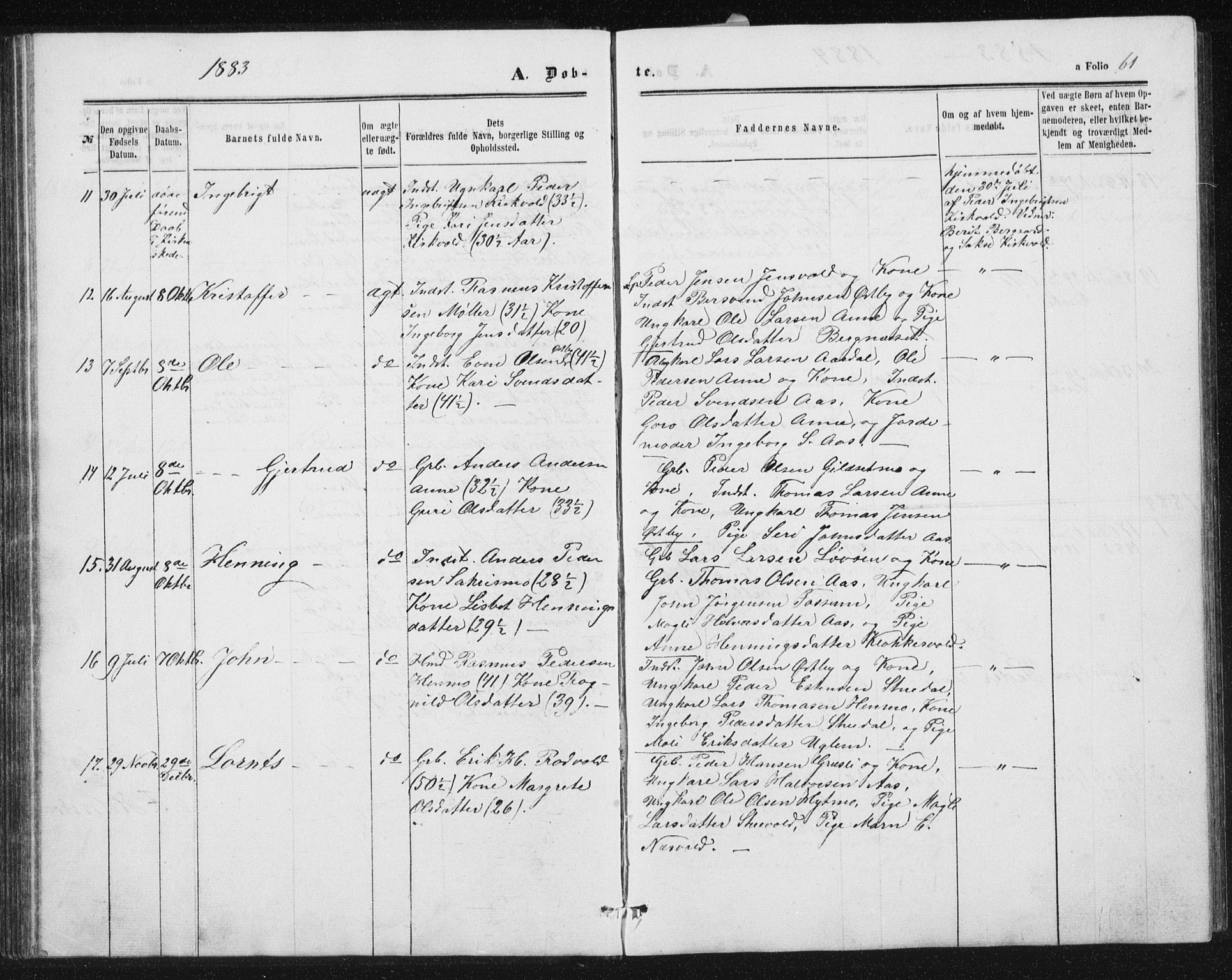 Ministerialprotokoller, klokkerbøker og fødselsregistre - Sør-Trøndelag, AV/SAT-A-1456/698/L1166: Parish register (copy) no. 698C03, 1861-1887, p. 61