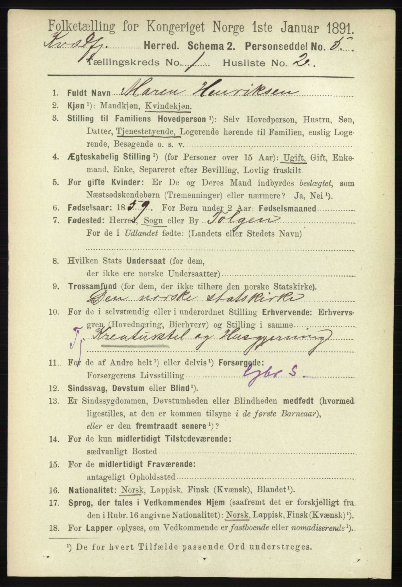 RA, 1891 census for 1911 Kvæfjord, 1891, p. 104